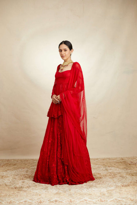 Red Peplum With Thread Work Sharara Set