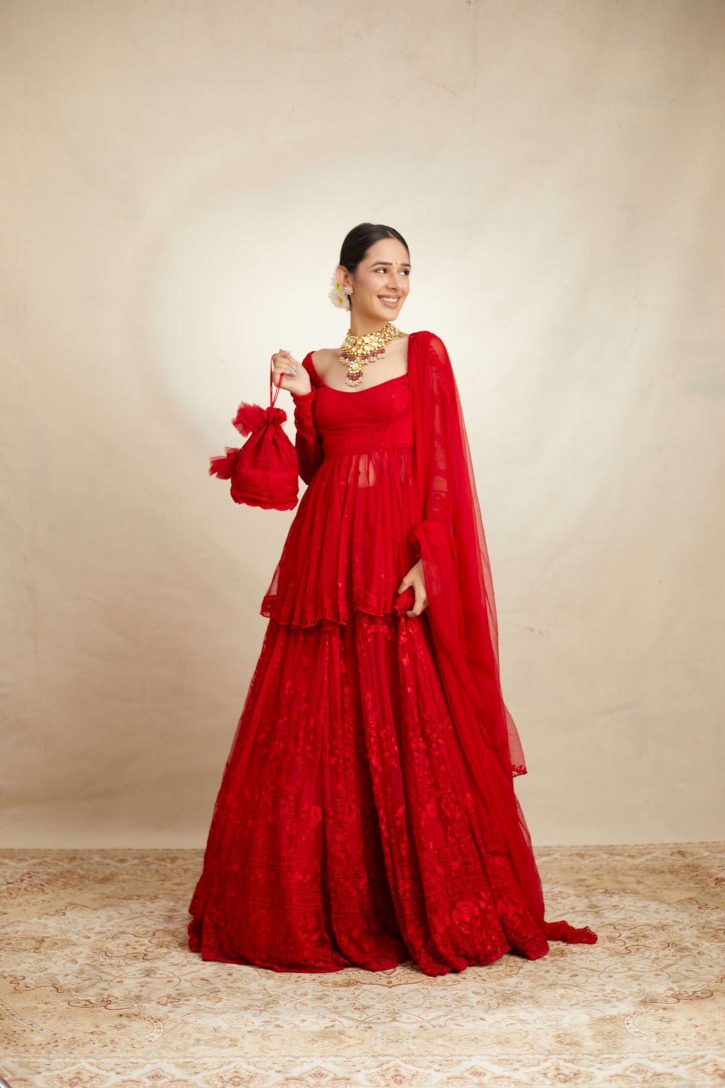 Red Peplum With Thread Work Sharara Set