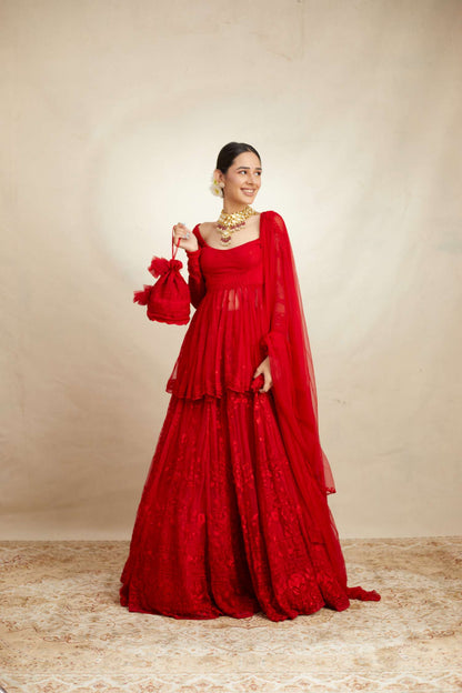 Red Peplum With Thread Work Sharara Set