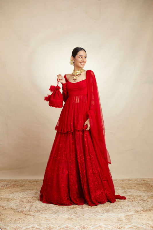 Red Peplum With Thread Work Sharara Set
