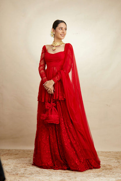 Red Peplum With Thread Work Sharara Set