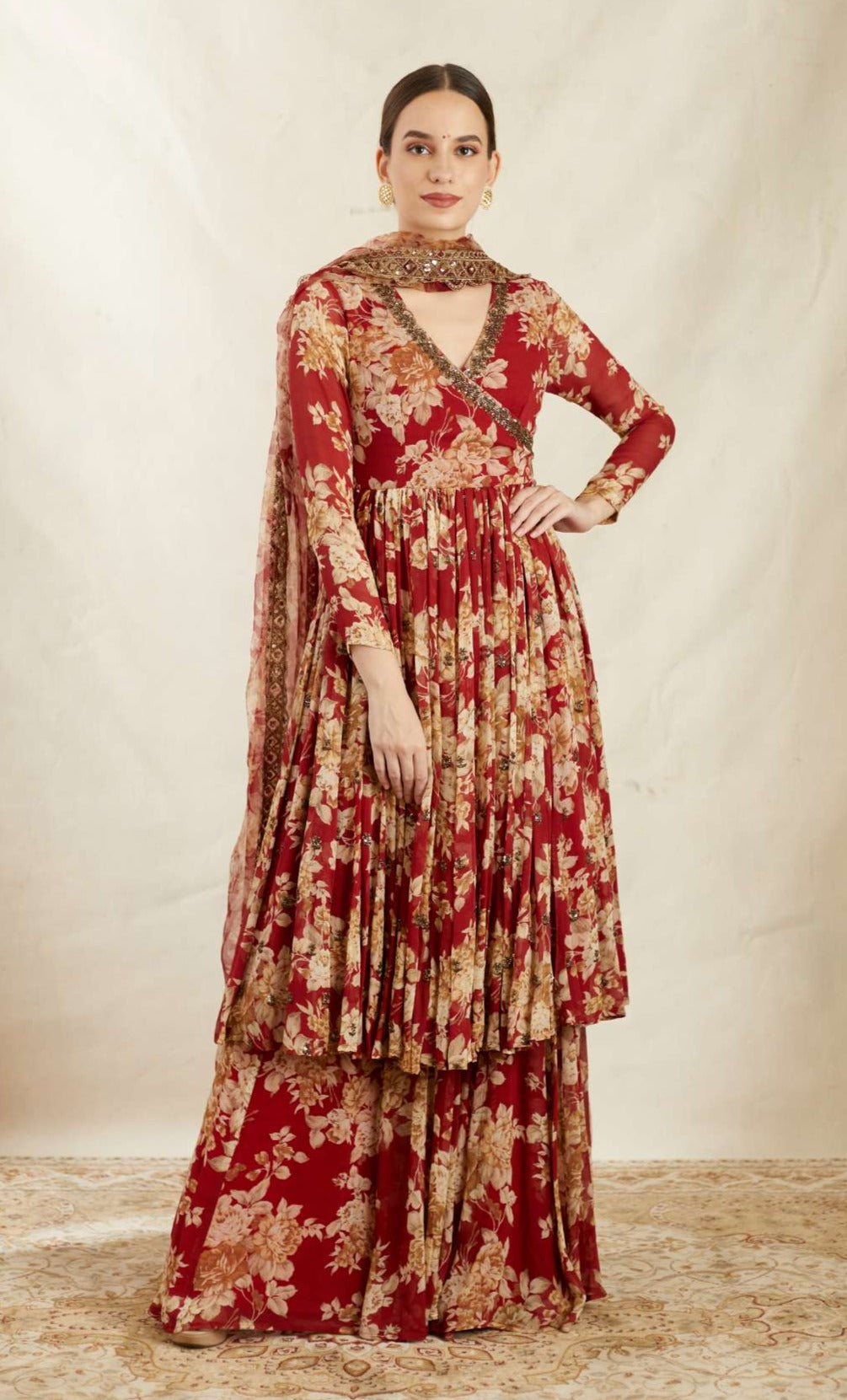 Front Look of Red Georgette Floral Angrakha Set