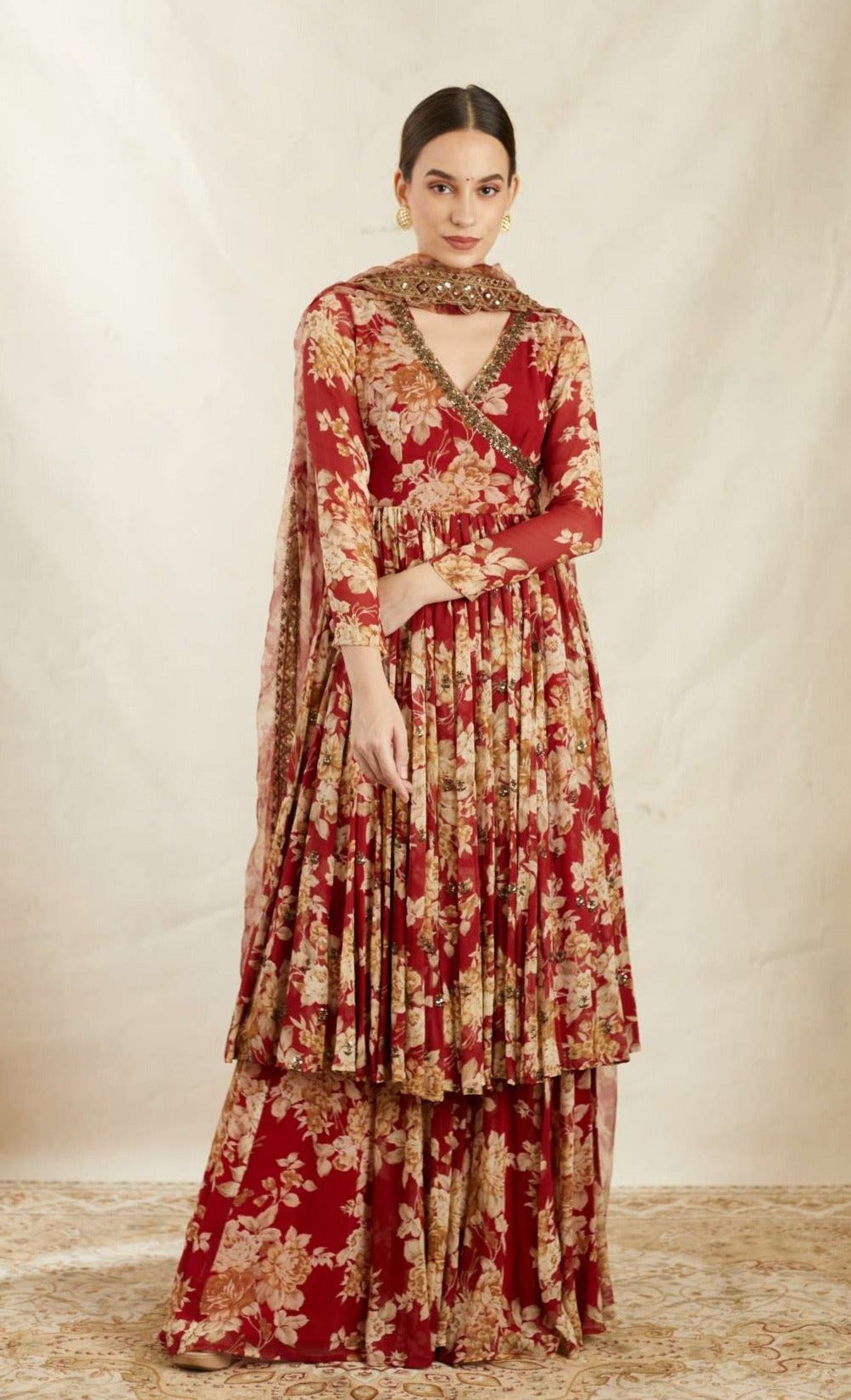 Front view of Red Georgette Floral Angrakha Set