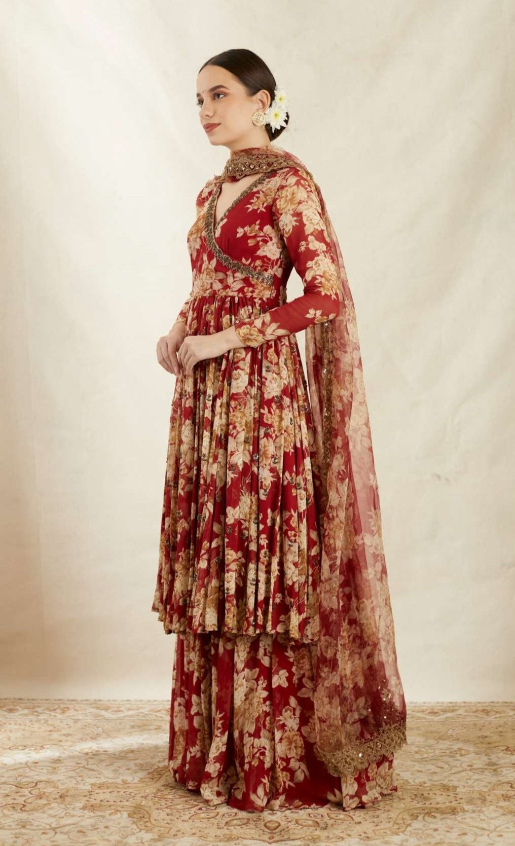 Side Look of Red Georgette Floral Angrakha Set