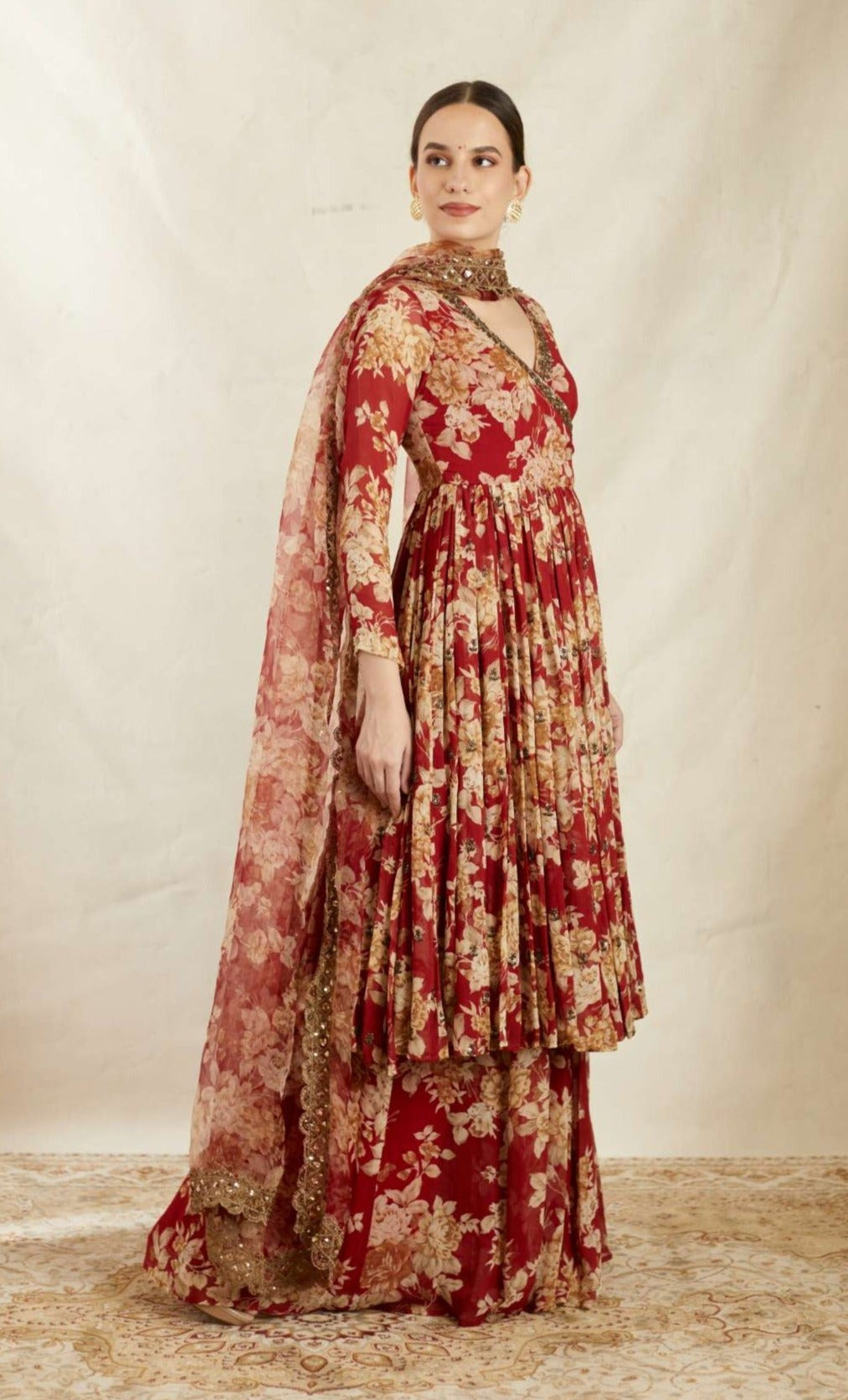 Front Side view of Red Georgette Floral Angrakha Set