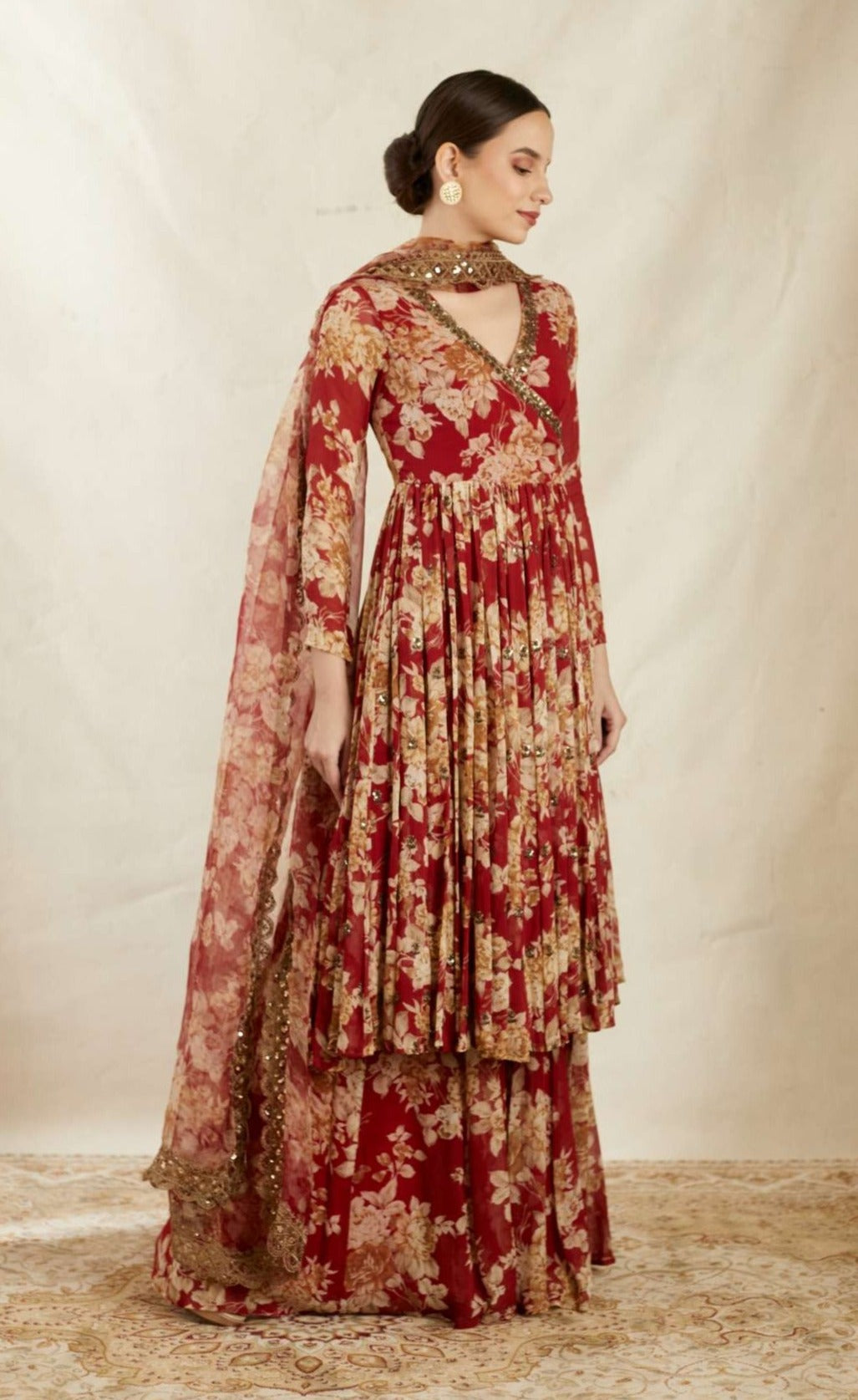 Side Look of Red Georgette Floral Angrakha Set