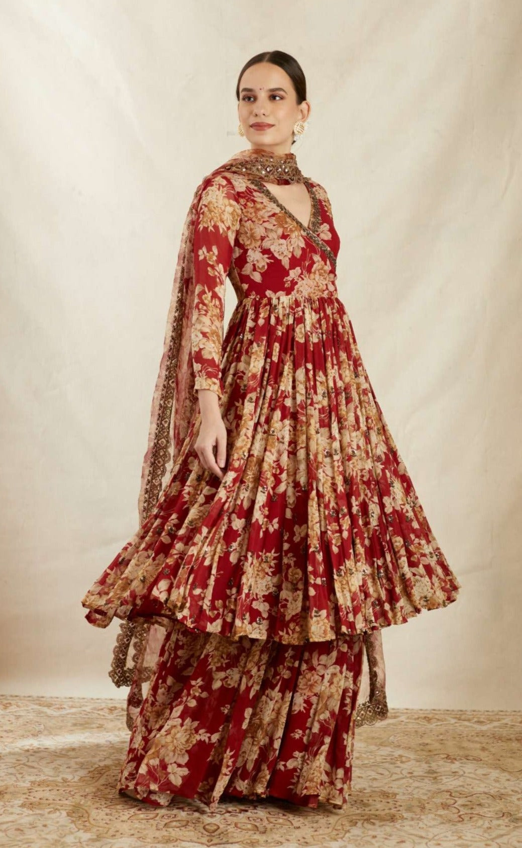 Front Side view of Red Georgette Floral Angrakha Set