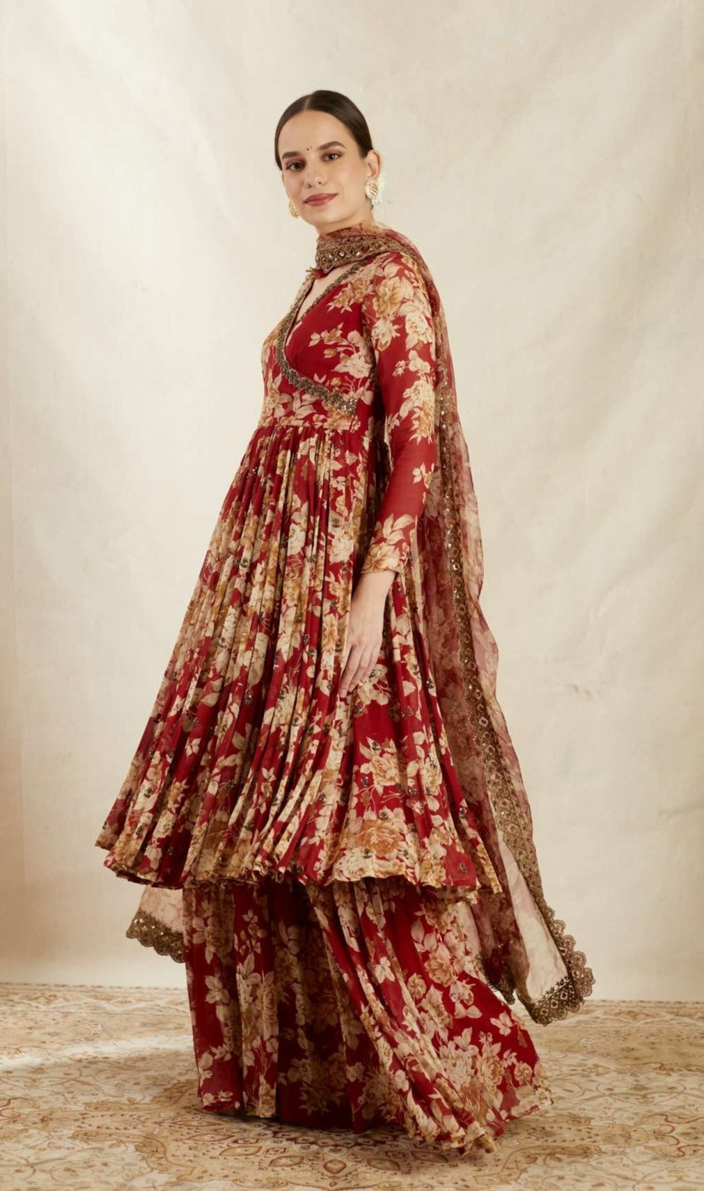Side Look of Red Georgette Floral Angrakha