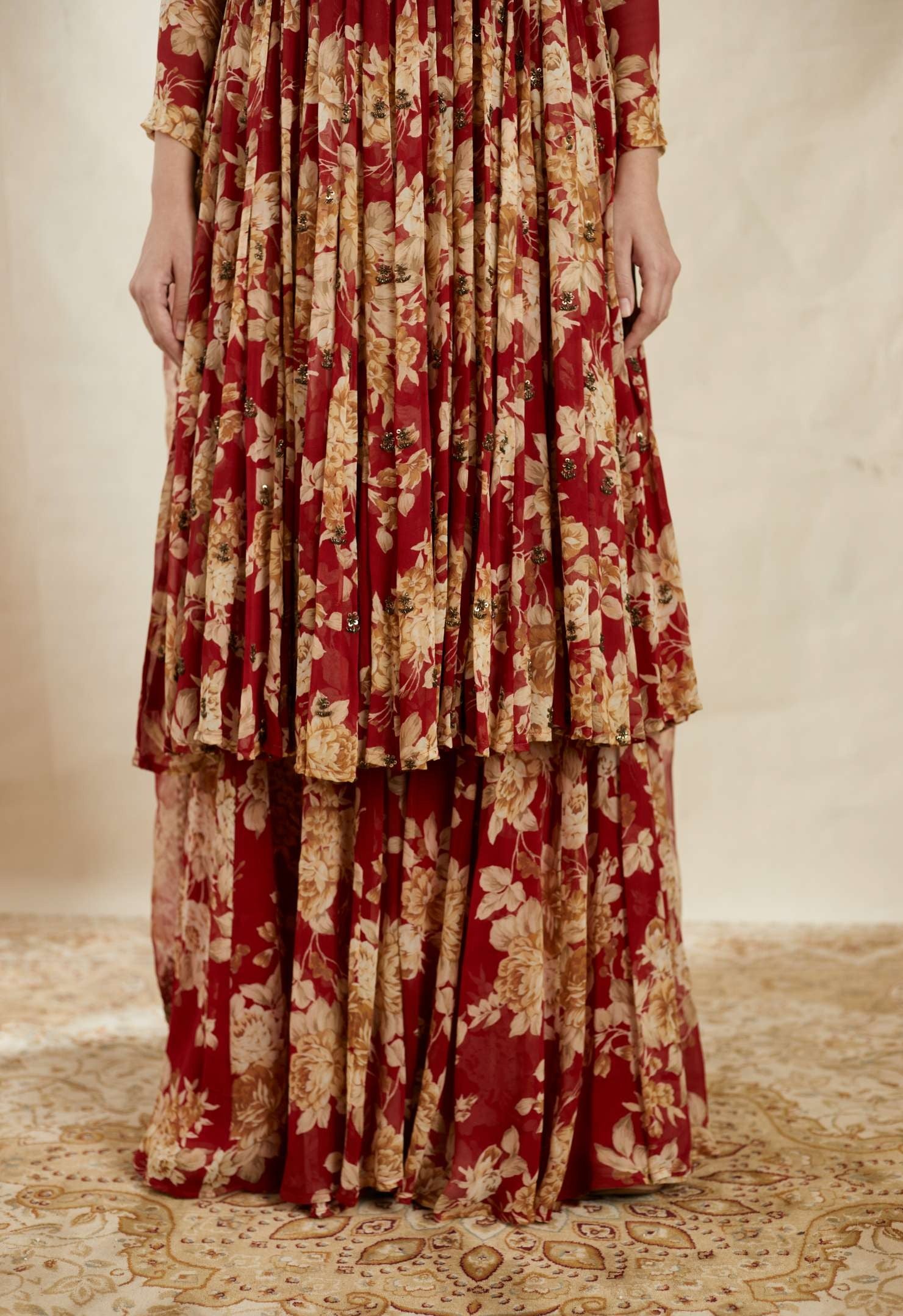 Close-up of Red Georgette Floral Angrakha Set