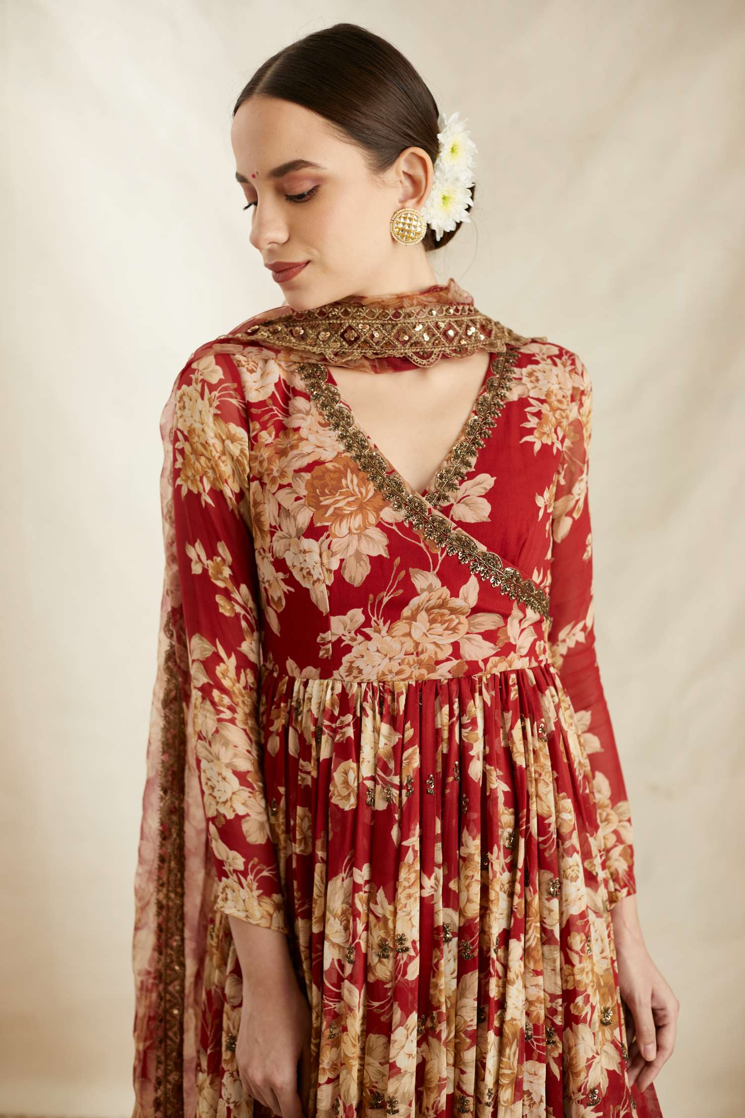 Close-up Look of Red Georgette Floral Angrakha Set