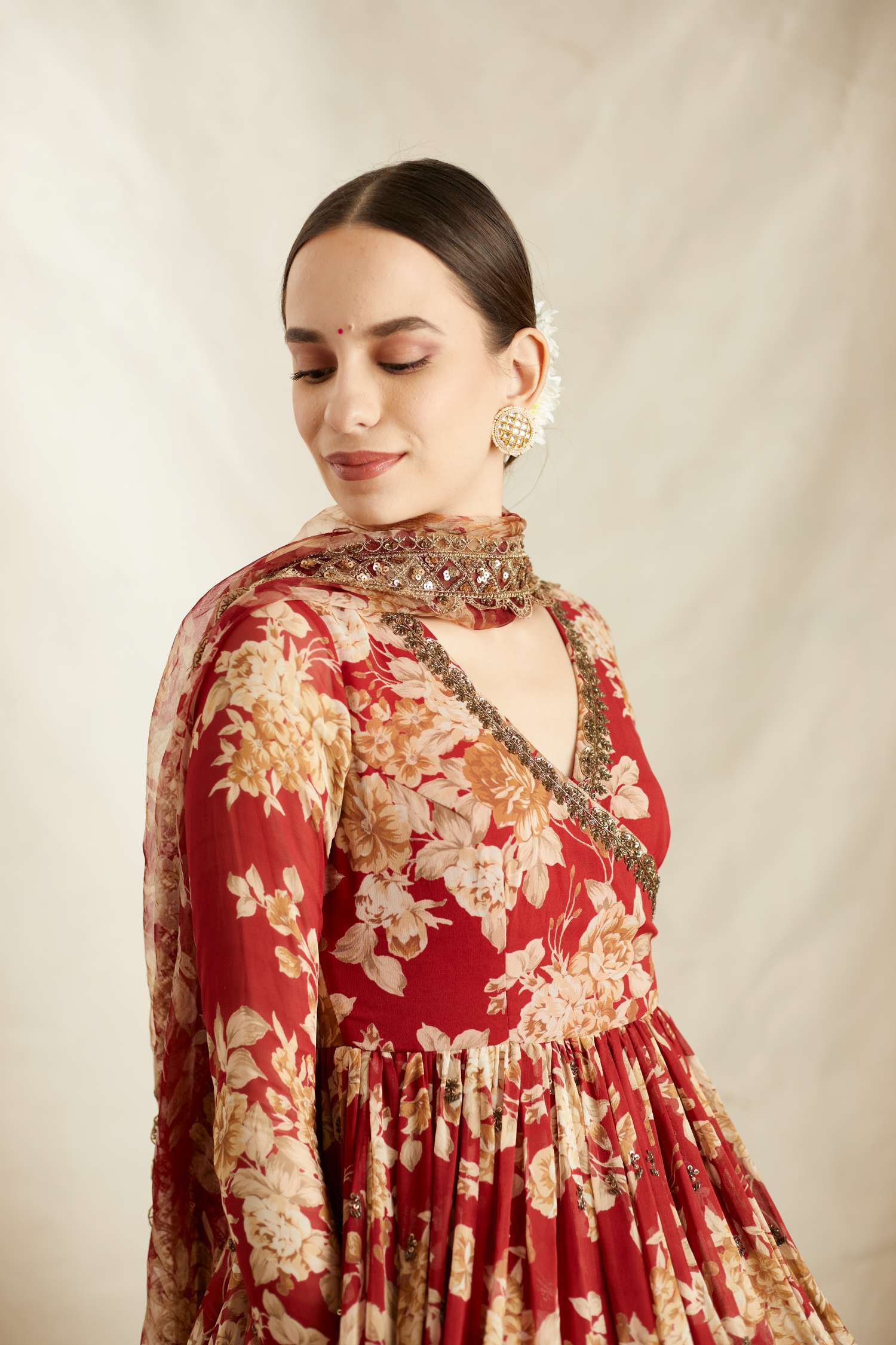 Close-up View of Red Georgette Floral Angrakha Set