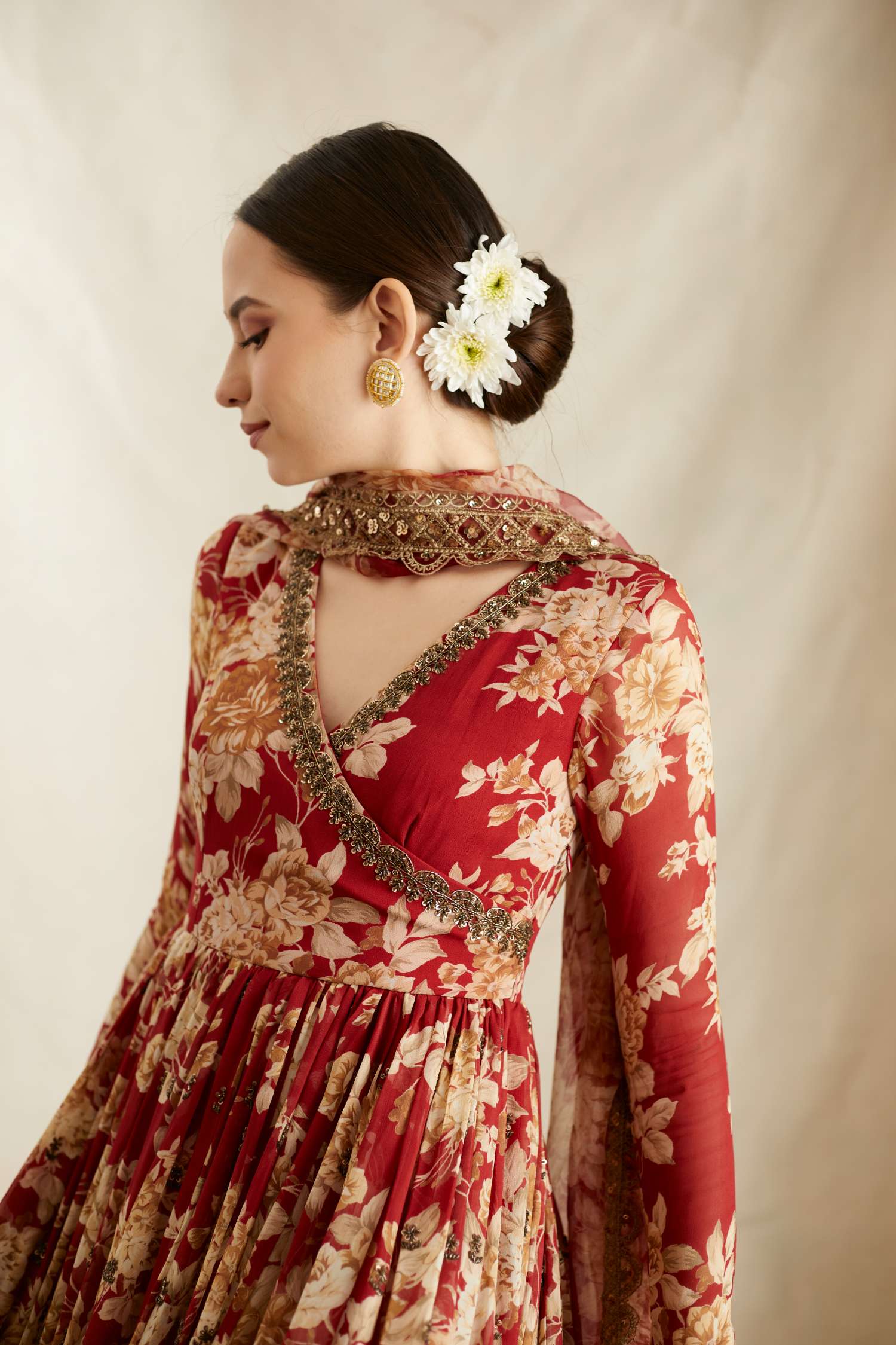 Close-up Look of Red Georgette Floral Angrakha Set for Women