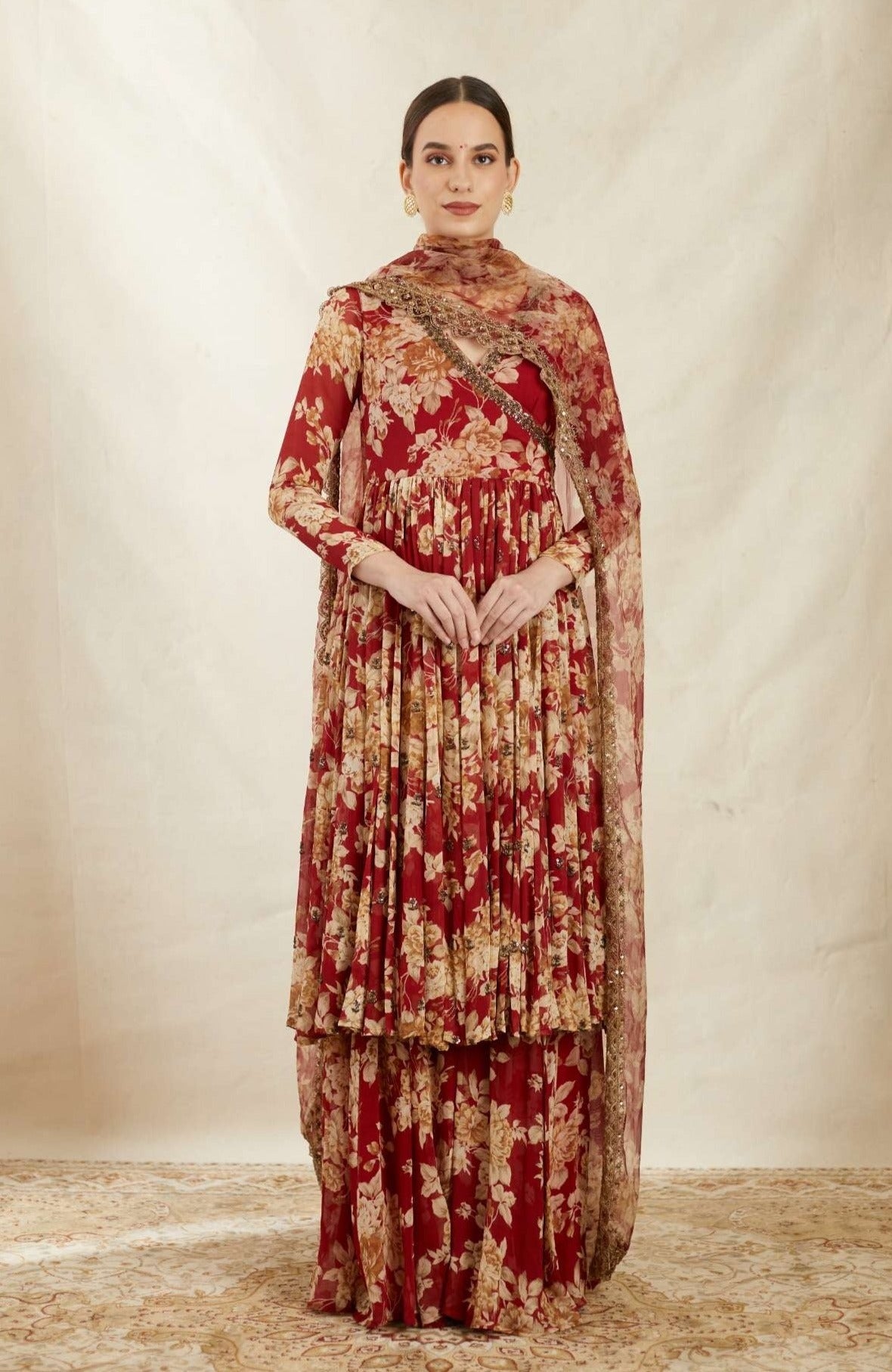 Front view of Red Georgette Floral Angrakha for Women