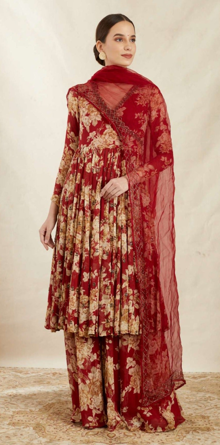 Side Front view of Red Georgette Floral Angrakha Set