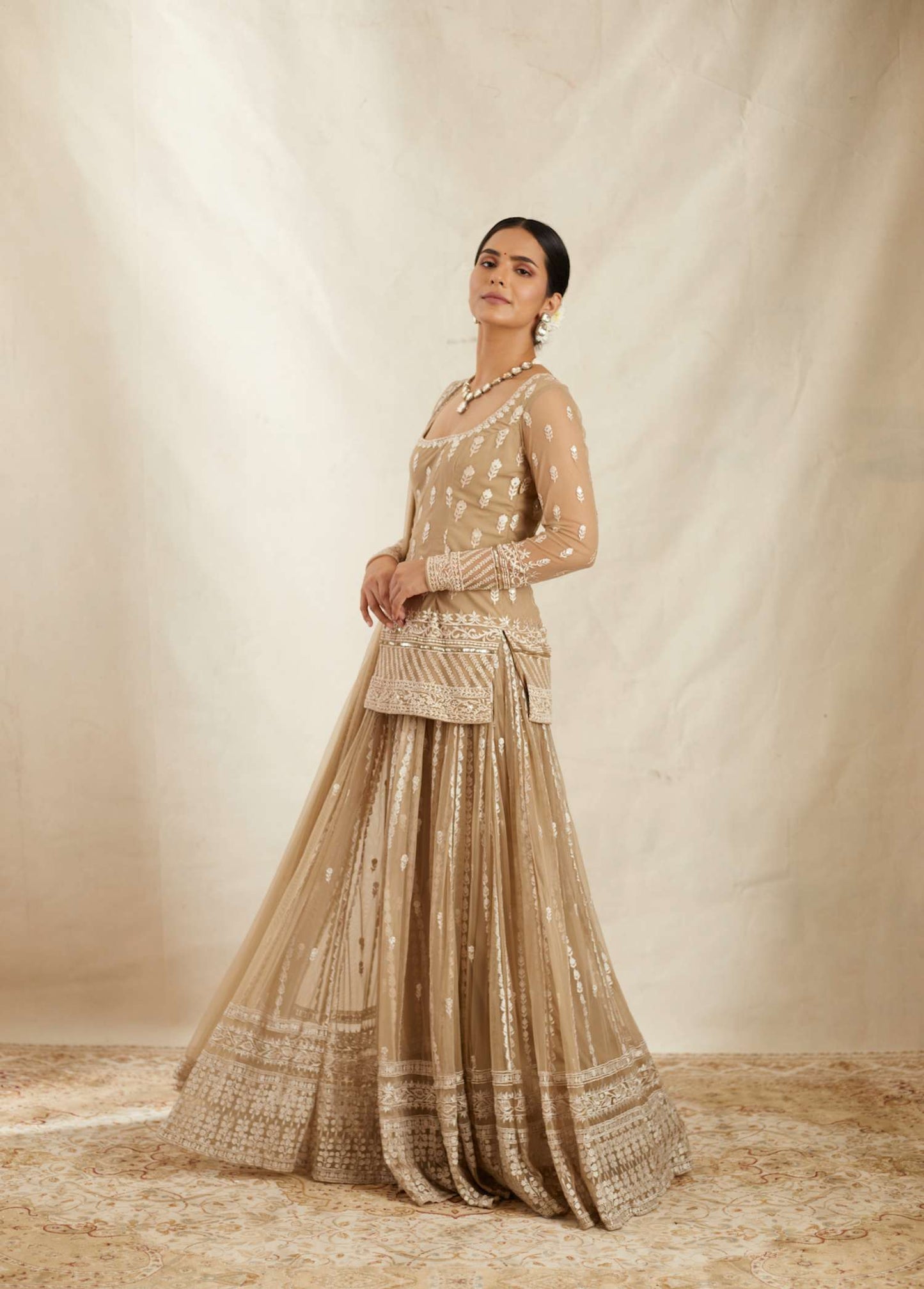 Beige Threadwork Kurti Sharara Set