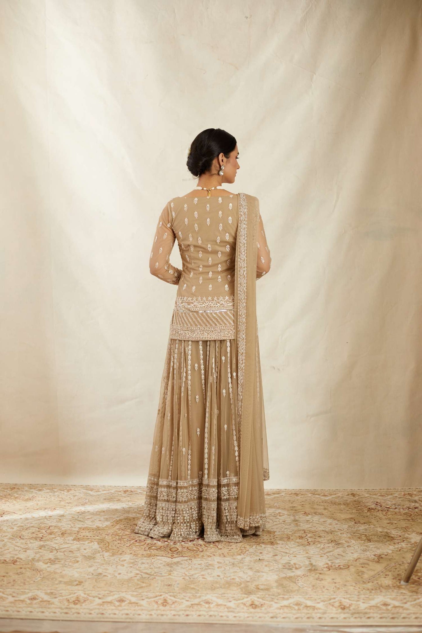 Beige Threadwork Kurti Sharara Set