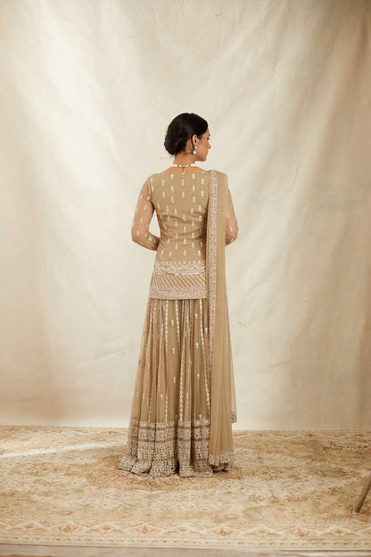 Beige Threadwork Kurti Sharara Set