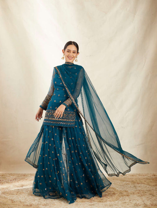 Teal Blue Organza Sequence Work Kurti Sharara Set
