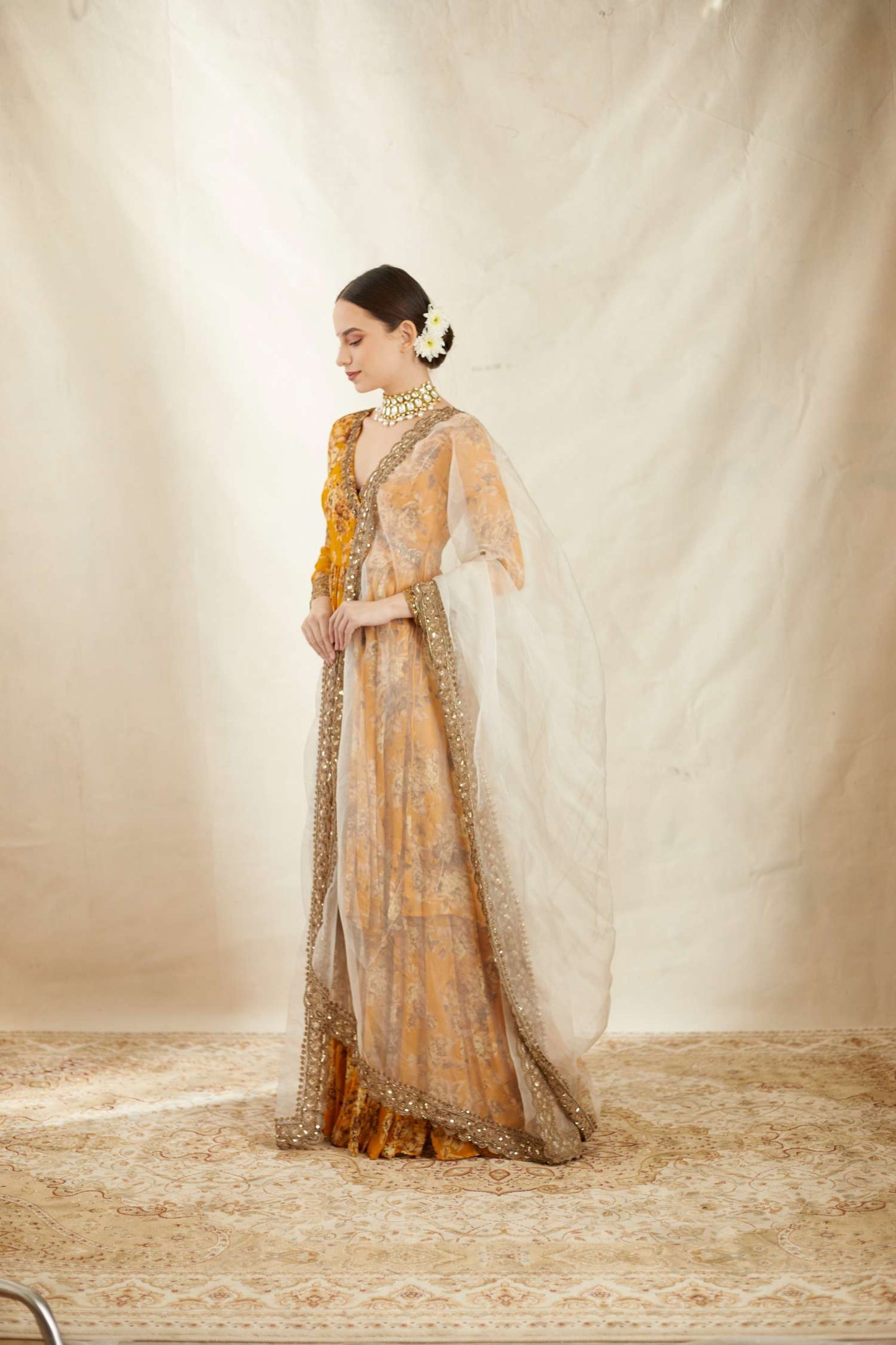 Mustard Georgette Floral Angrakha Set