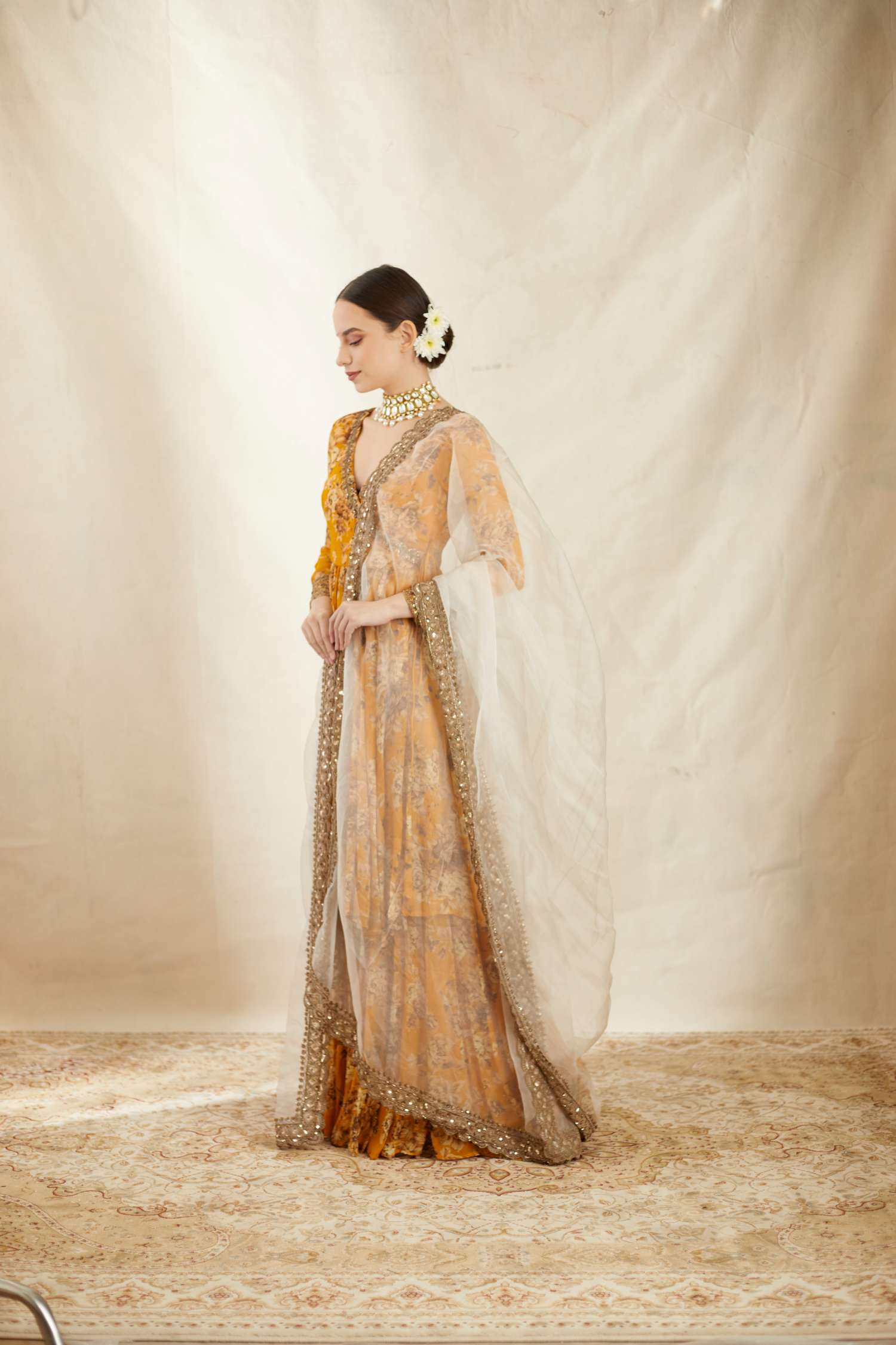 Side view of Mustard Georgette Floral Georgette Angrakha Set for Women