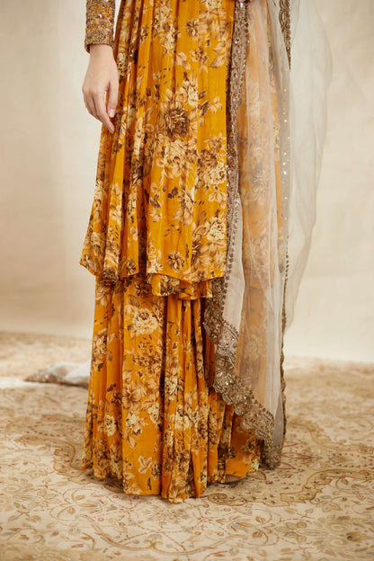 Mustard Georgette Floral Angrakha Set