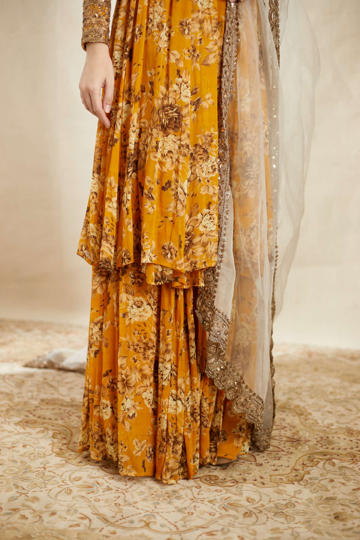 Close-up of Mustard Georgette Floral Georgette Angrakha Set