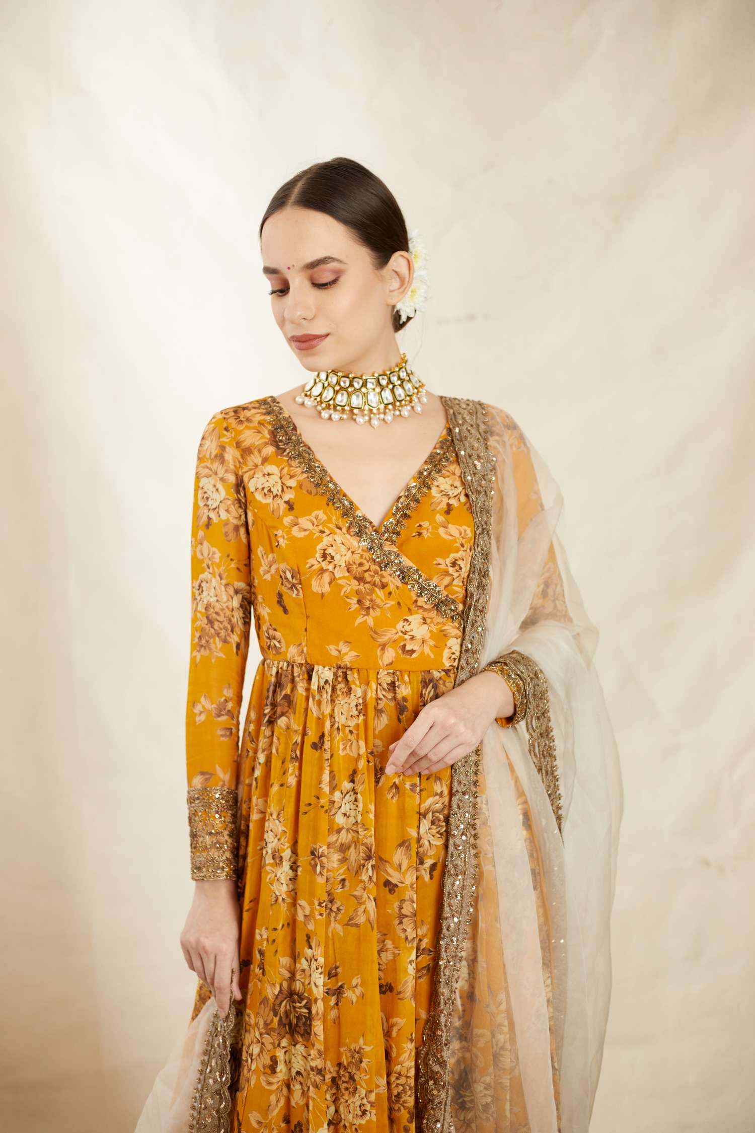 Front view of Mustard Georgette Floral Georgette Angrakha Set