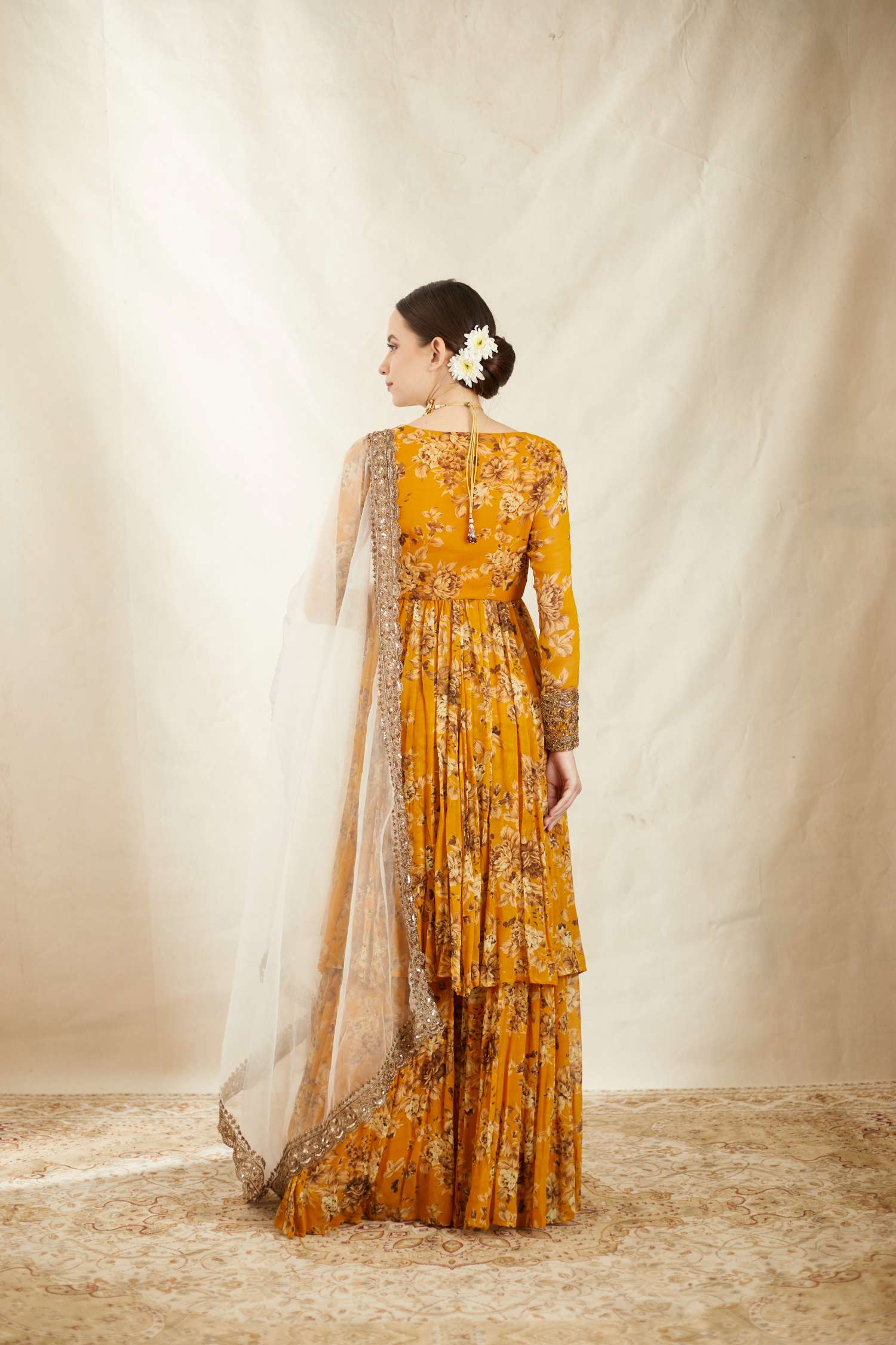 Back Angle view of Mustard Georgette Floral Georgette Angrakha Set