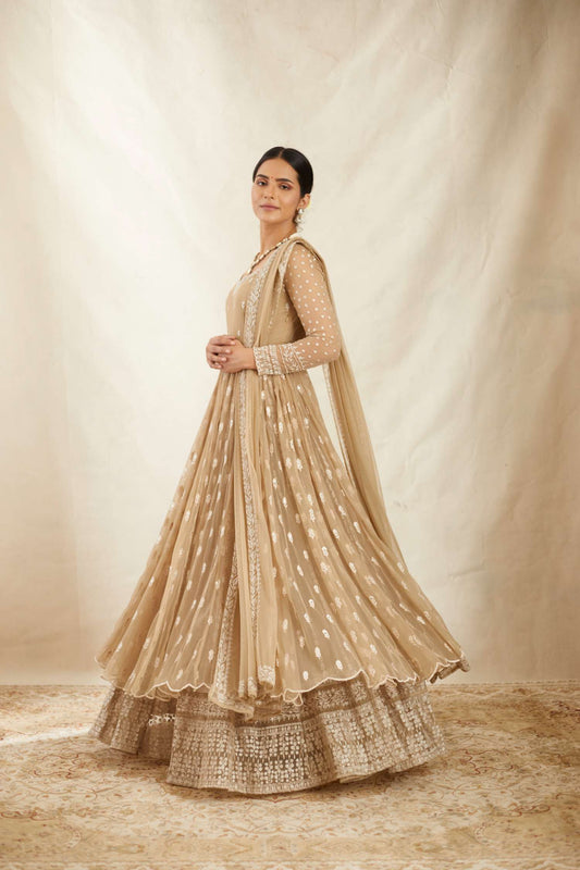 Beige Threadwork Long Kurti Sharara Set