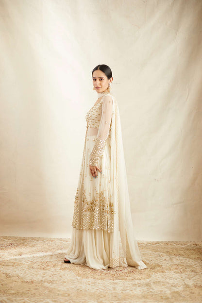 Off White Net Front Open Jacket With Sharara Set
