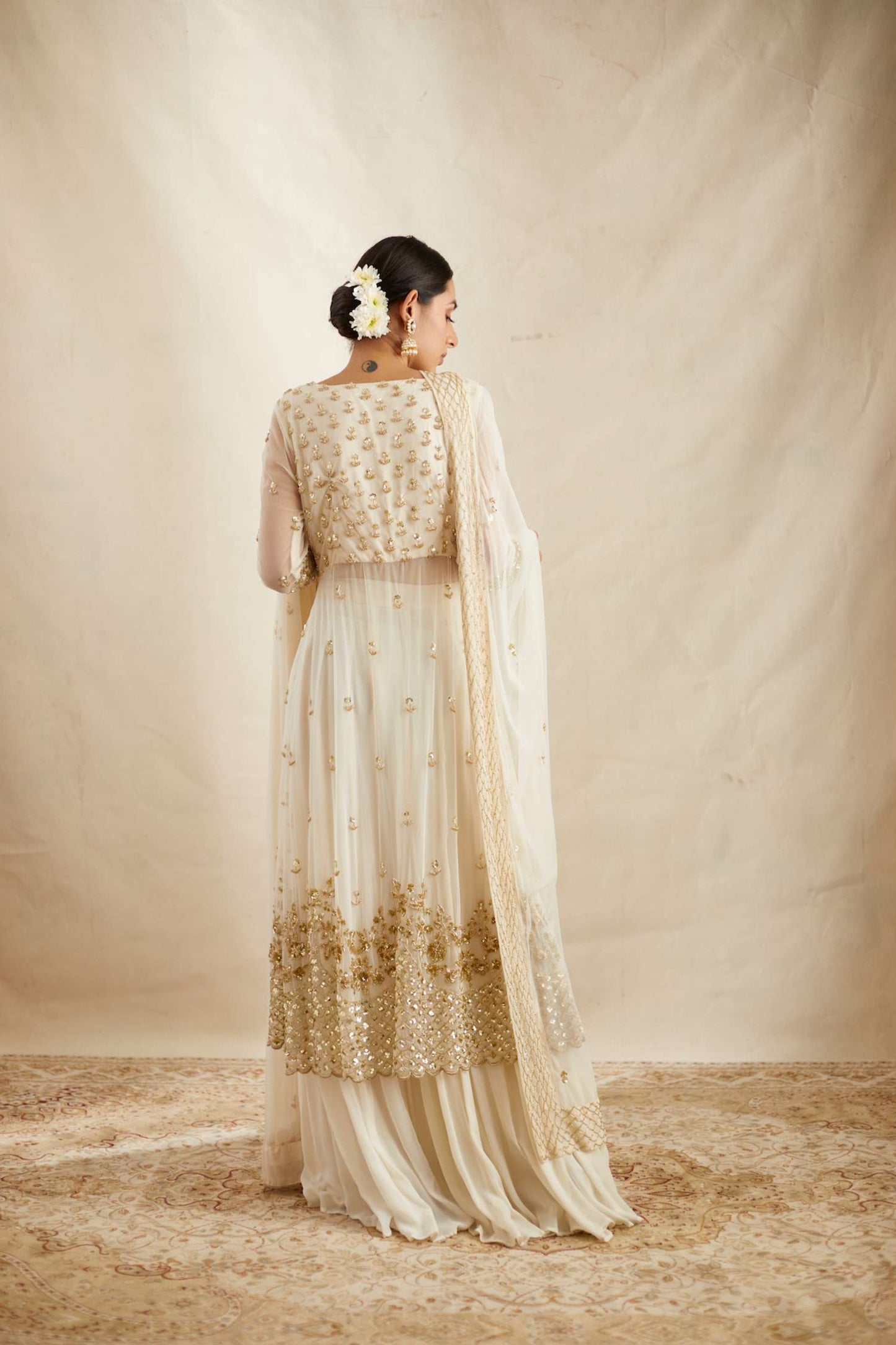 Off White Net Front Open Jacket With Sharara Set