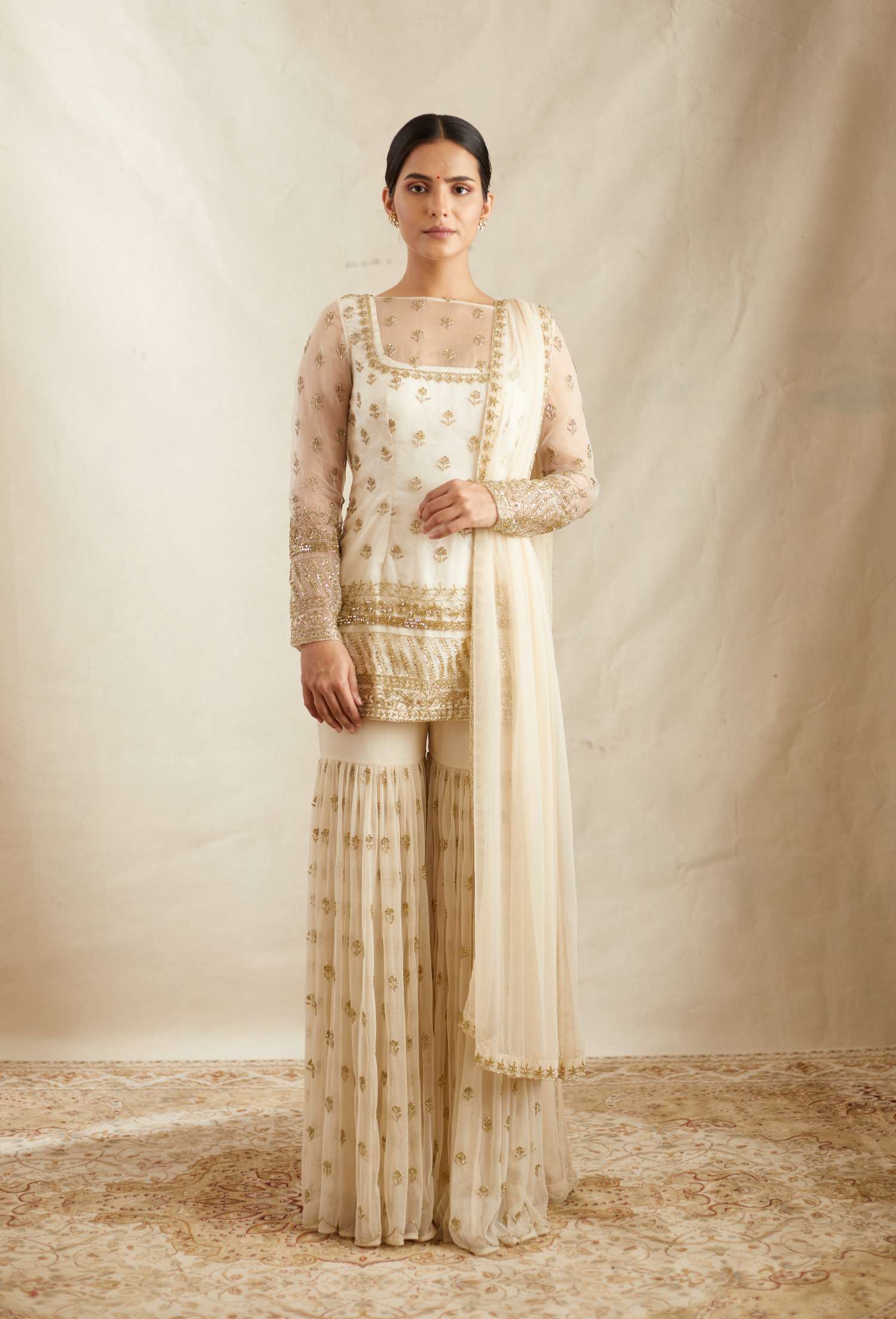 Off White Bootie Kurti Organza Sharara Set