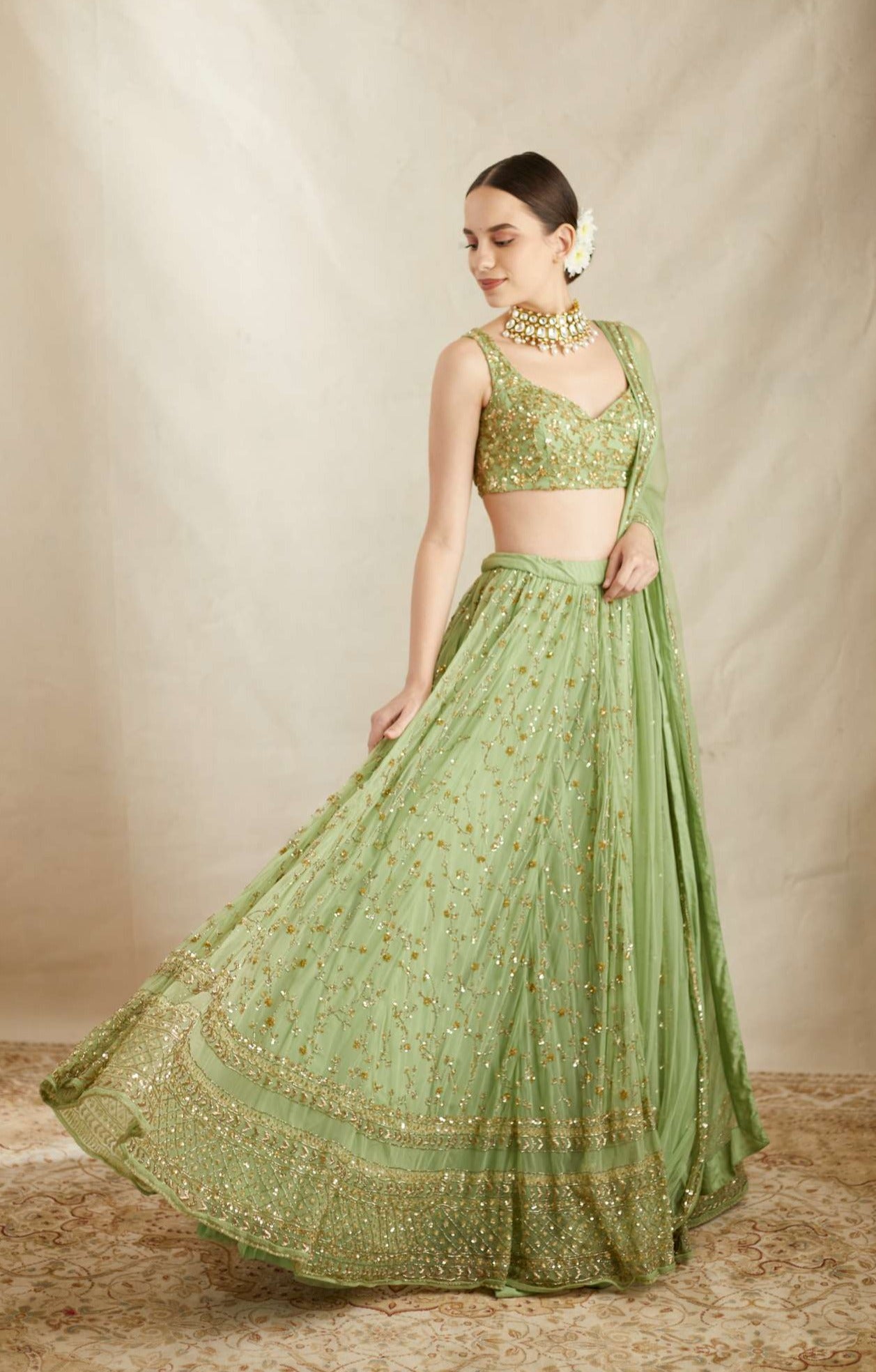 Mint Green Net Heavy Jaal Work Lehenga Set
