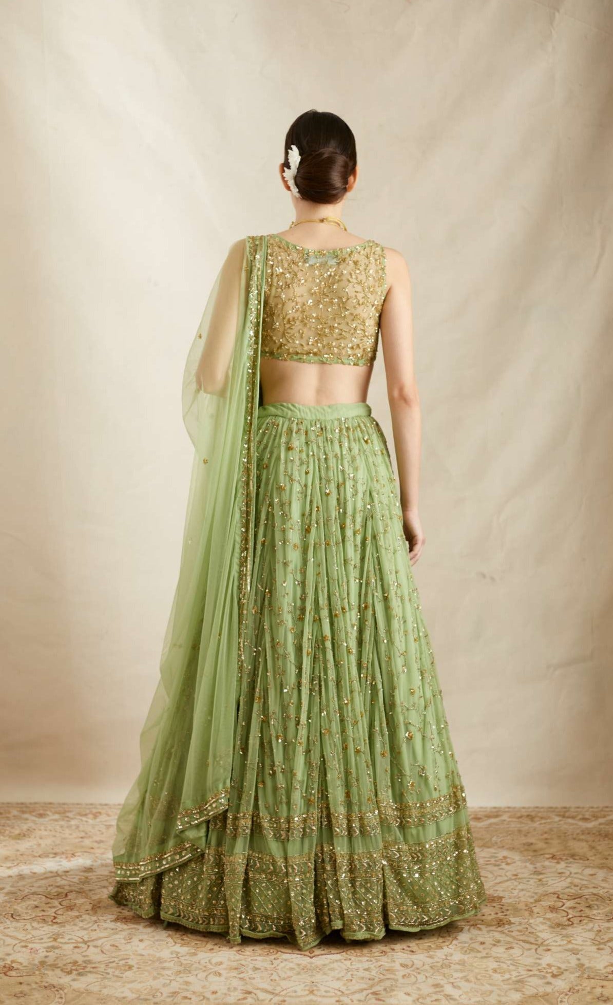 Back Angle view of Mint Green Net Heavy Jaal Work Lehenga Set