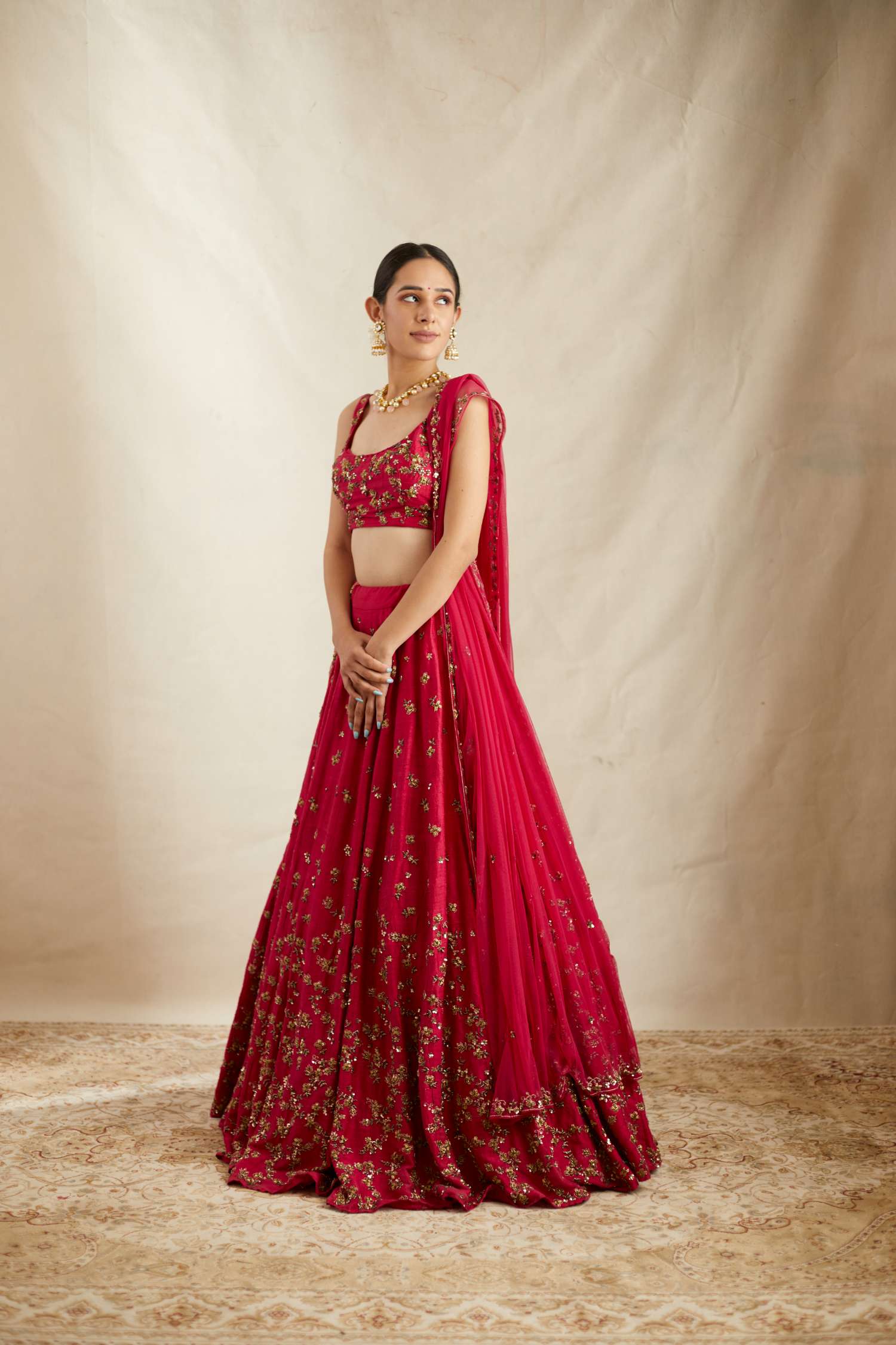 Front Side view of Caramine Pink Embellished Lehenga Set