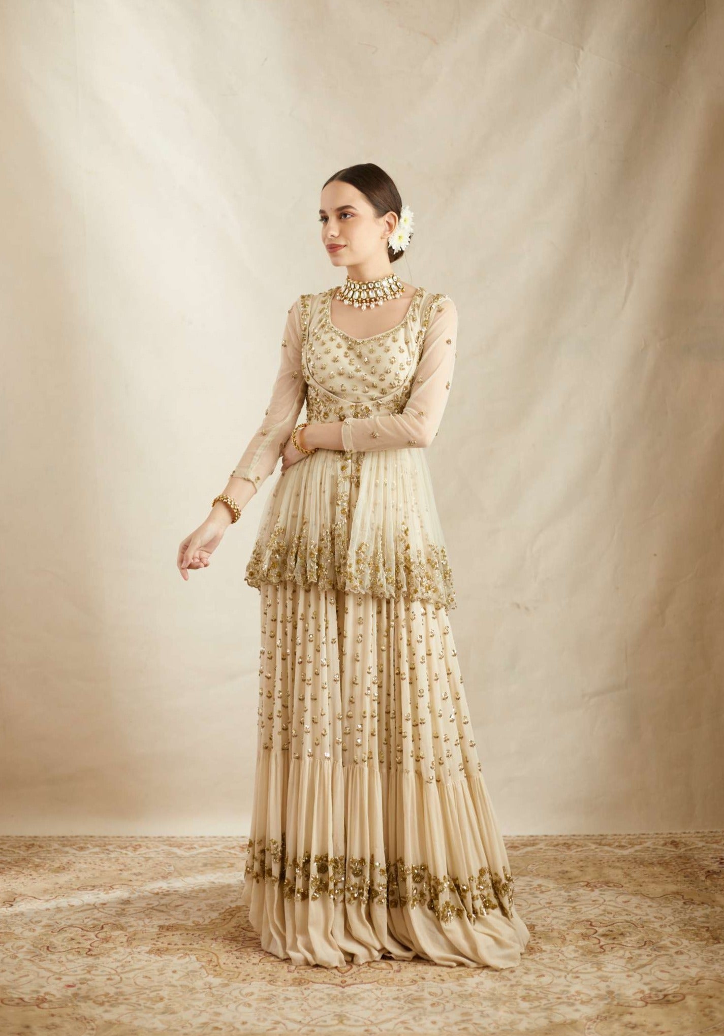 Off White Boot Peplum Georjette Sharara Set