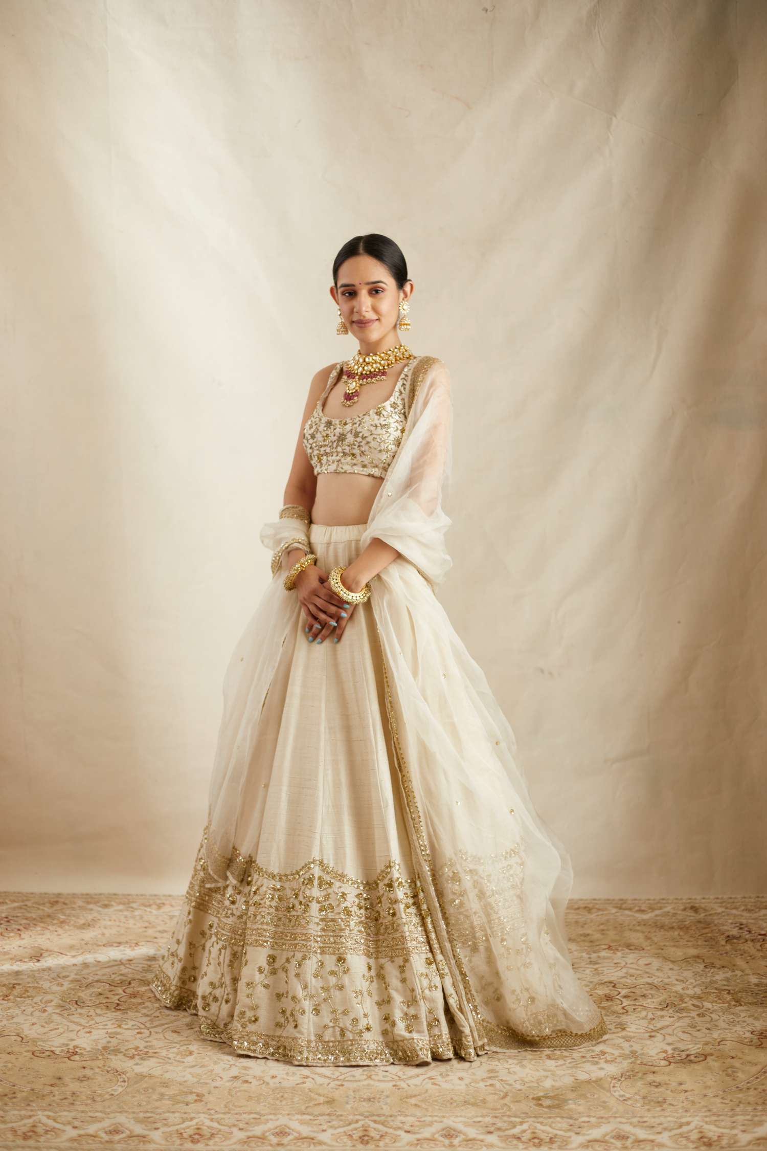 Off White Gold Work Raw Silk Lehenga Set