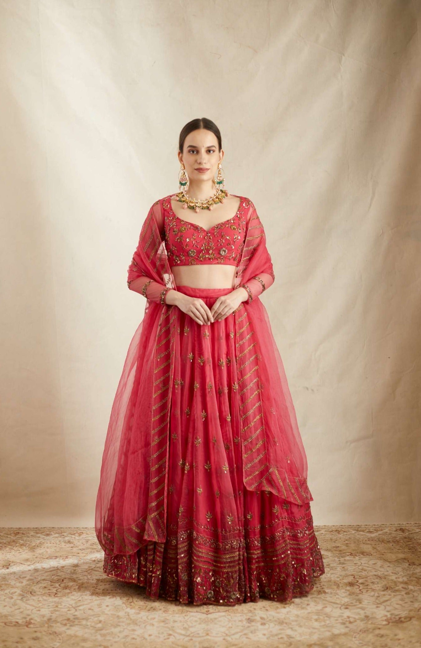 Carmine Pink Silk Organza Crepe Embroidered Lehenga