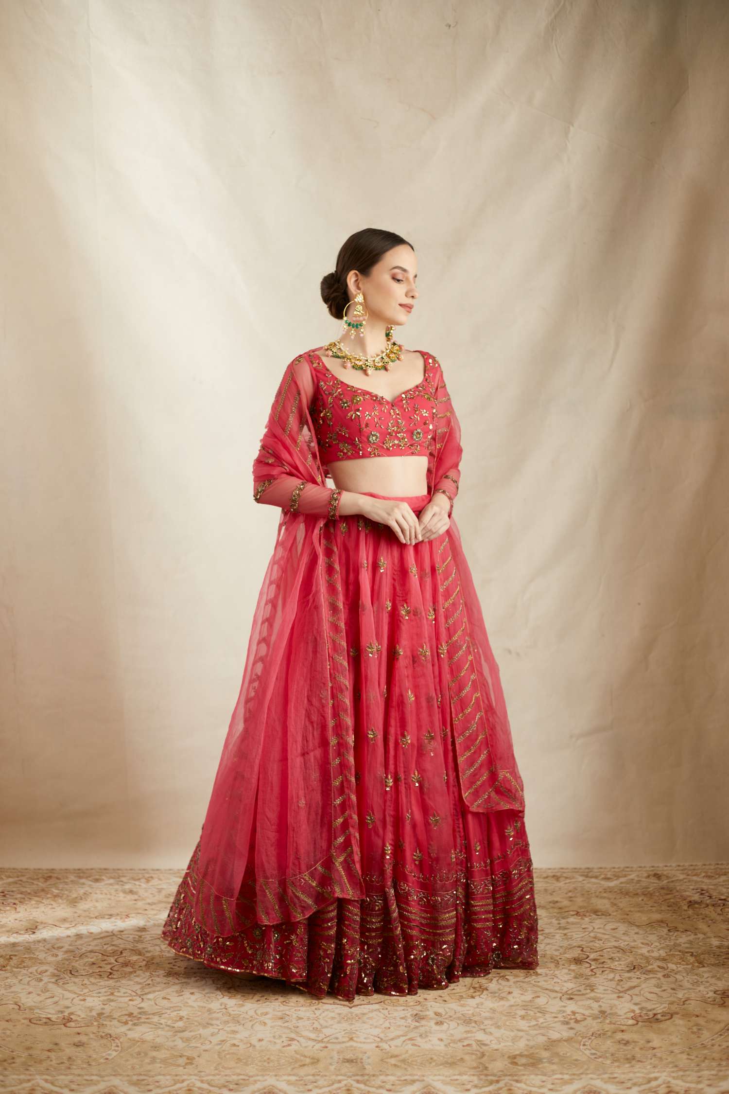 Front view of Carmine Pink Silk Organza Crepe Embroidered Lehenga