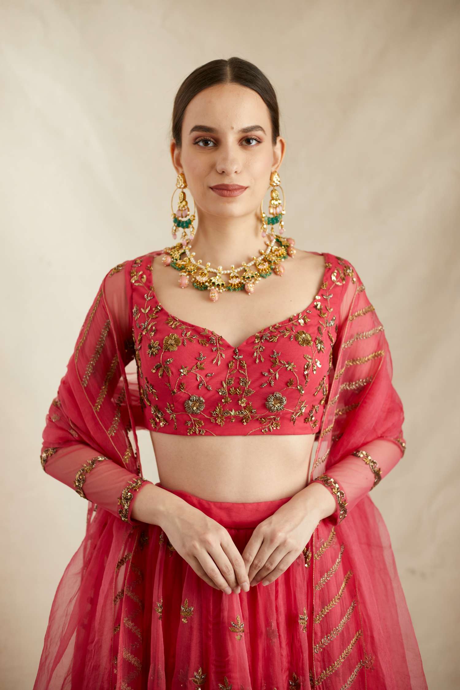 Front view of Carmine Pink Silk Organza Crepe Embroidered Lehenga