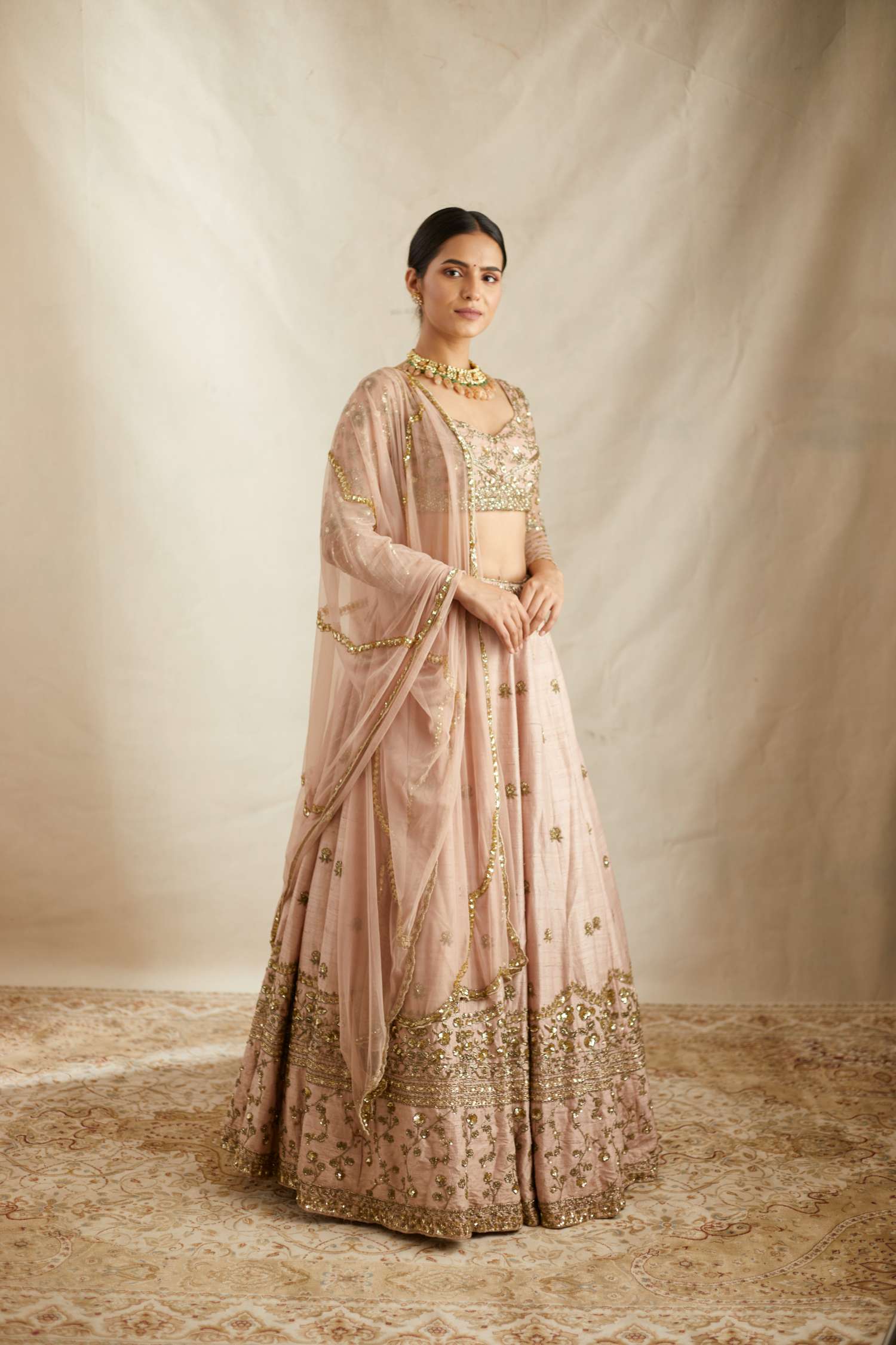 Peach Pink Embroidered Raw Silk Lehenga Set