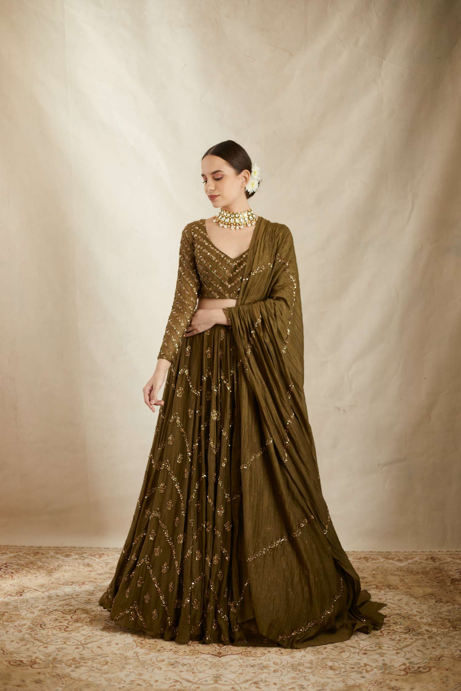 Front view of Parrot Green Chanderi Lehenga Set