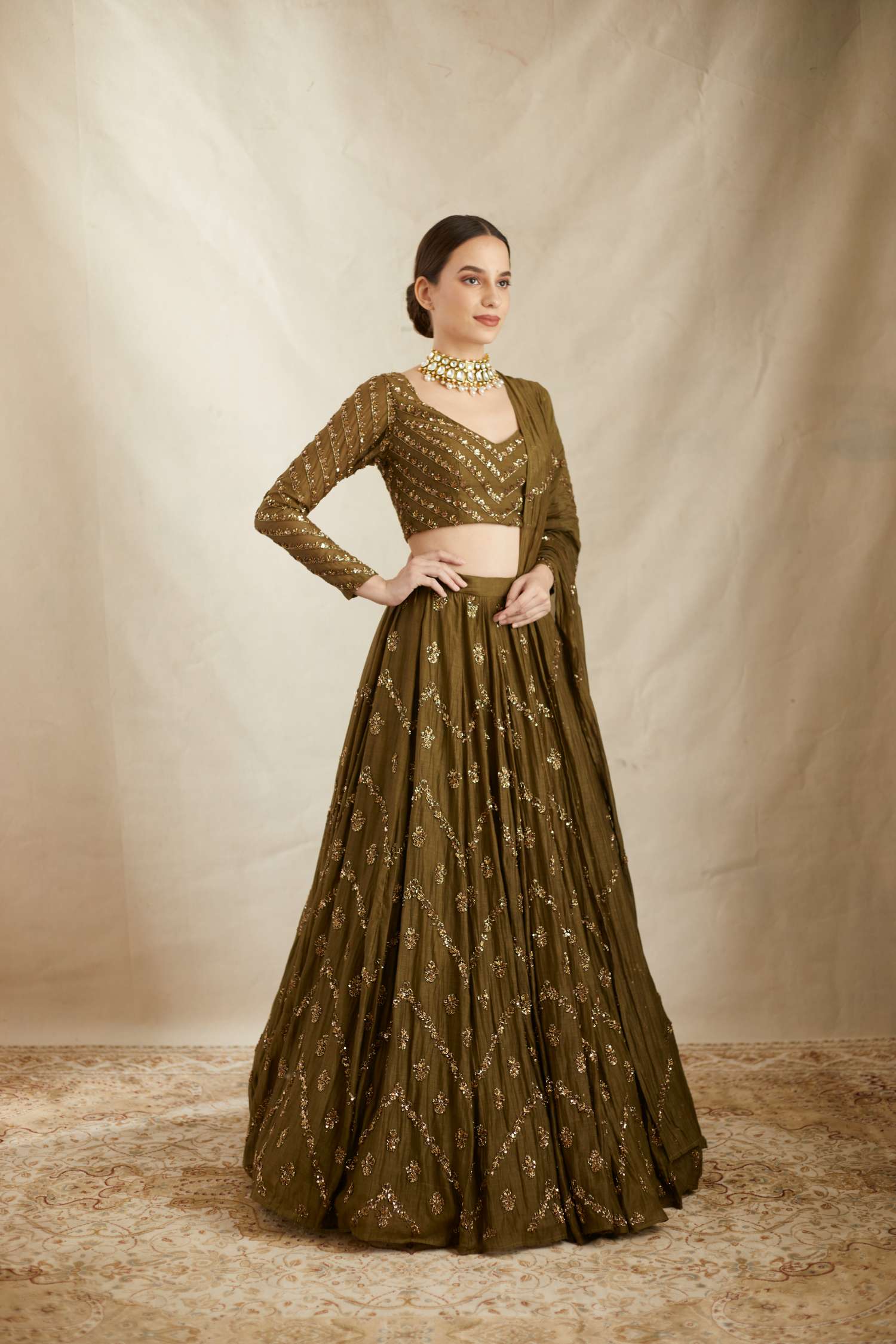 Parrot Green Chanderi Lehenga Set