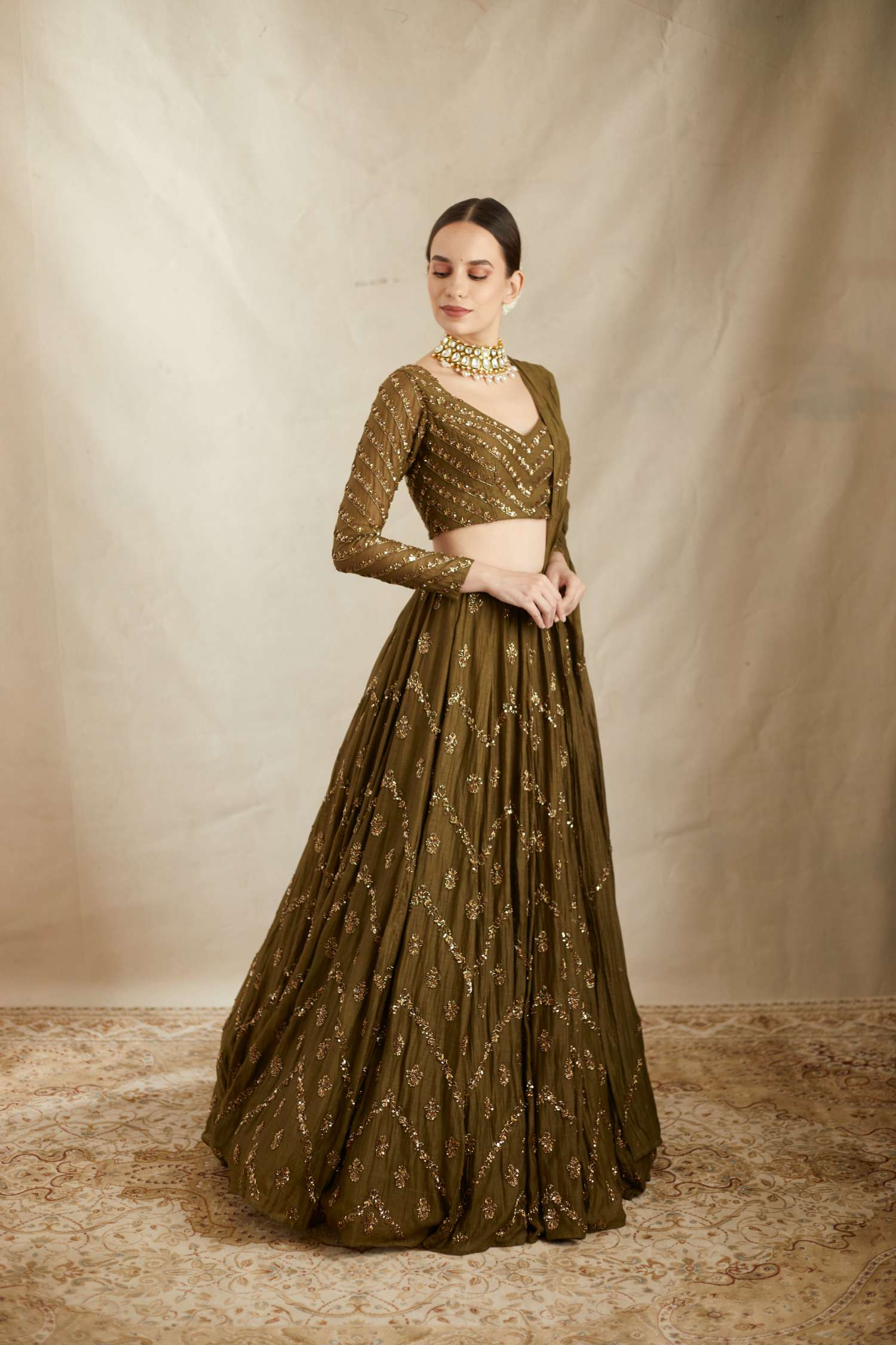 Front Side view of Parrot Green Chanderi Lehenga Set