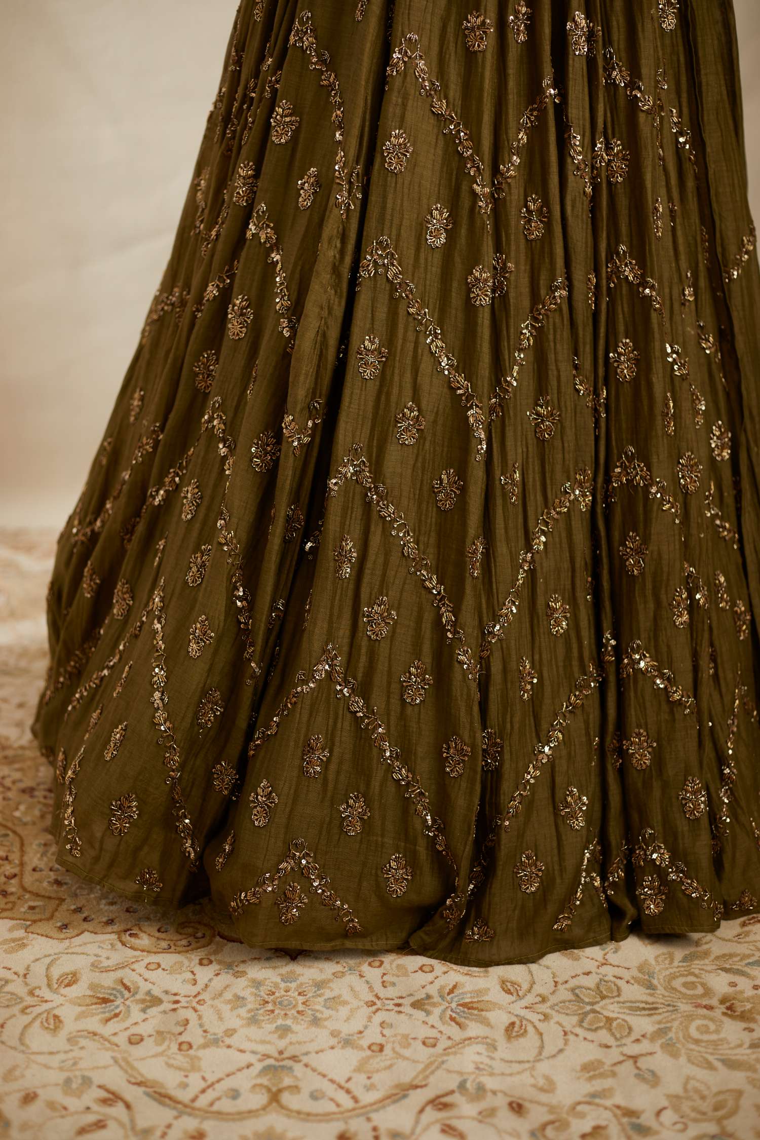 Close-up View of Parrot Green Chanderi Lehenga
