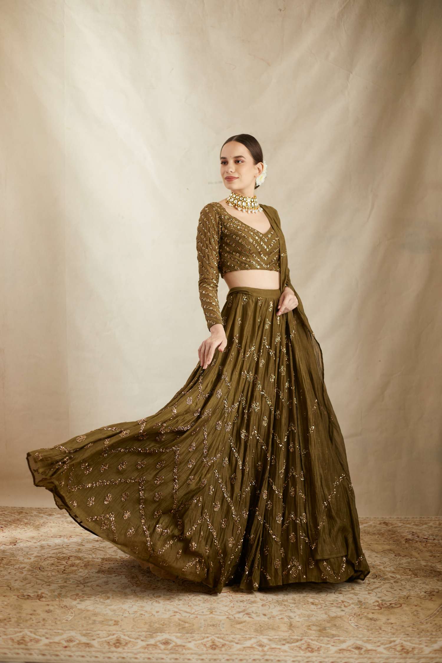 Side view of Parrot Green Chanderi Lehenga Set
