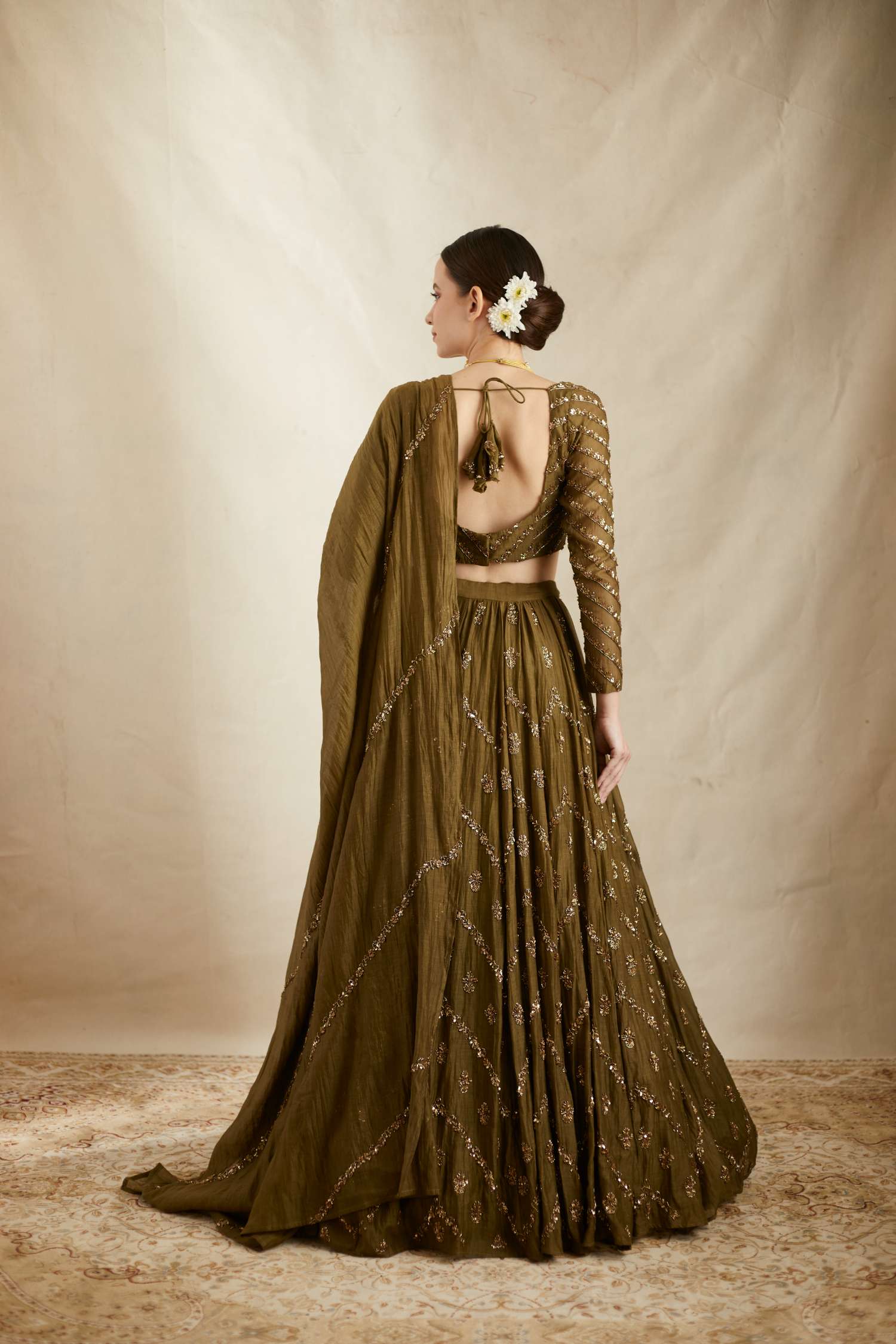Back Angle view of Parrot Green Chanderi Lehenga Set