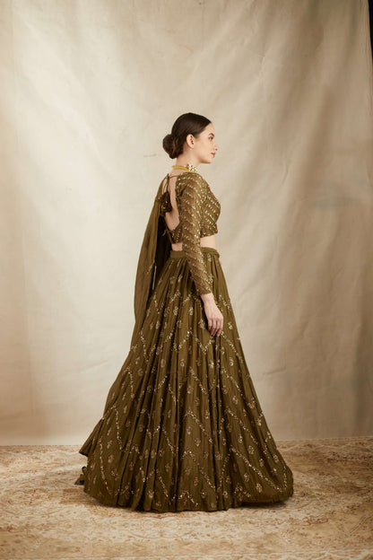 Parrot Green Chanderi Lehenga Set