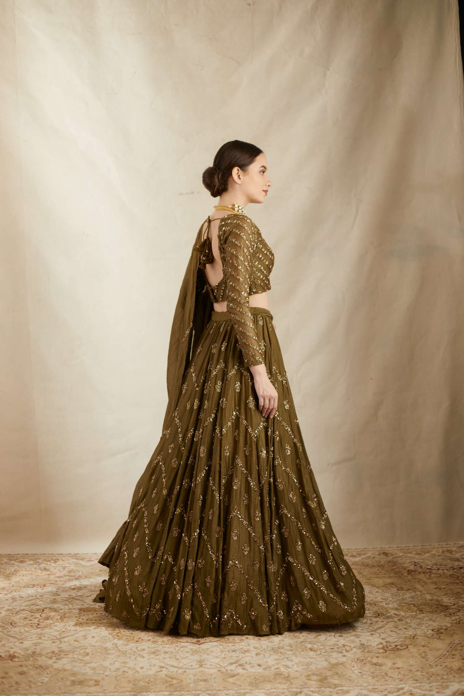 Side view of Parrot Green Chanderi Lehenga Set