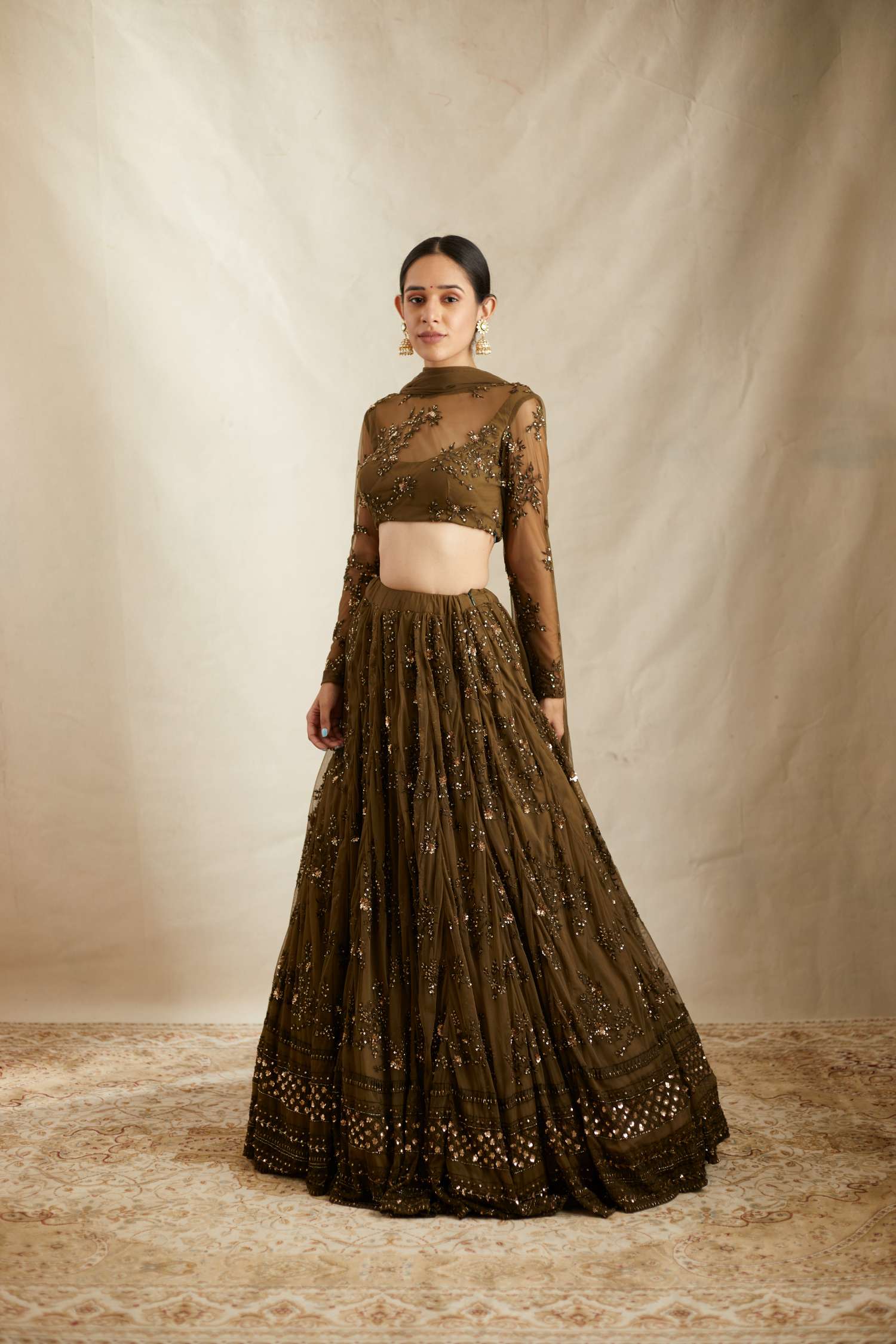 Dark Green Net Thread Work Lehenga Set